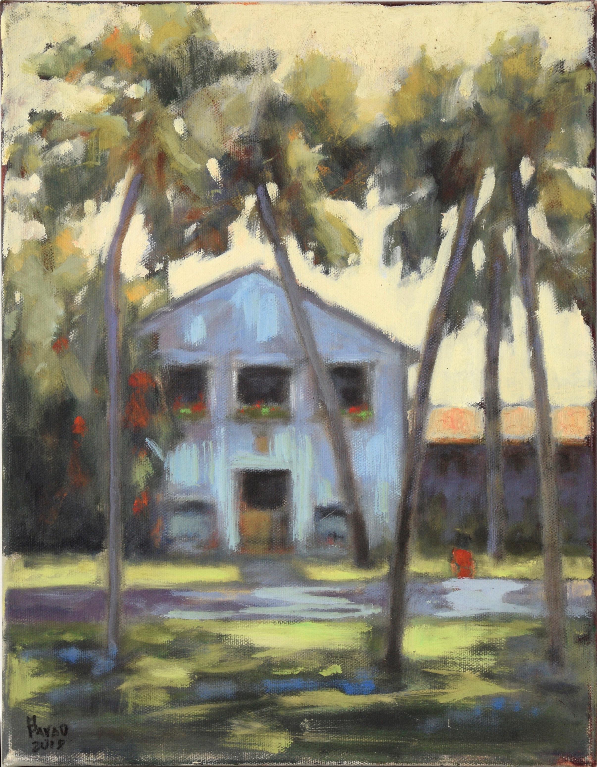 M. Pavao Landscape Painting - Southern California Home with Palm Trees in Acrylic on Canvas