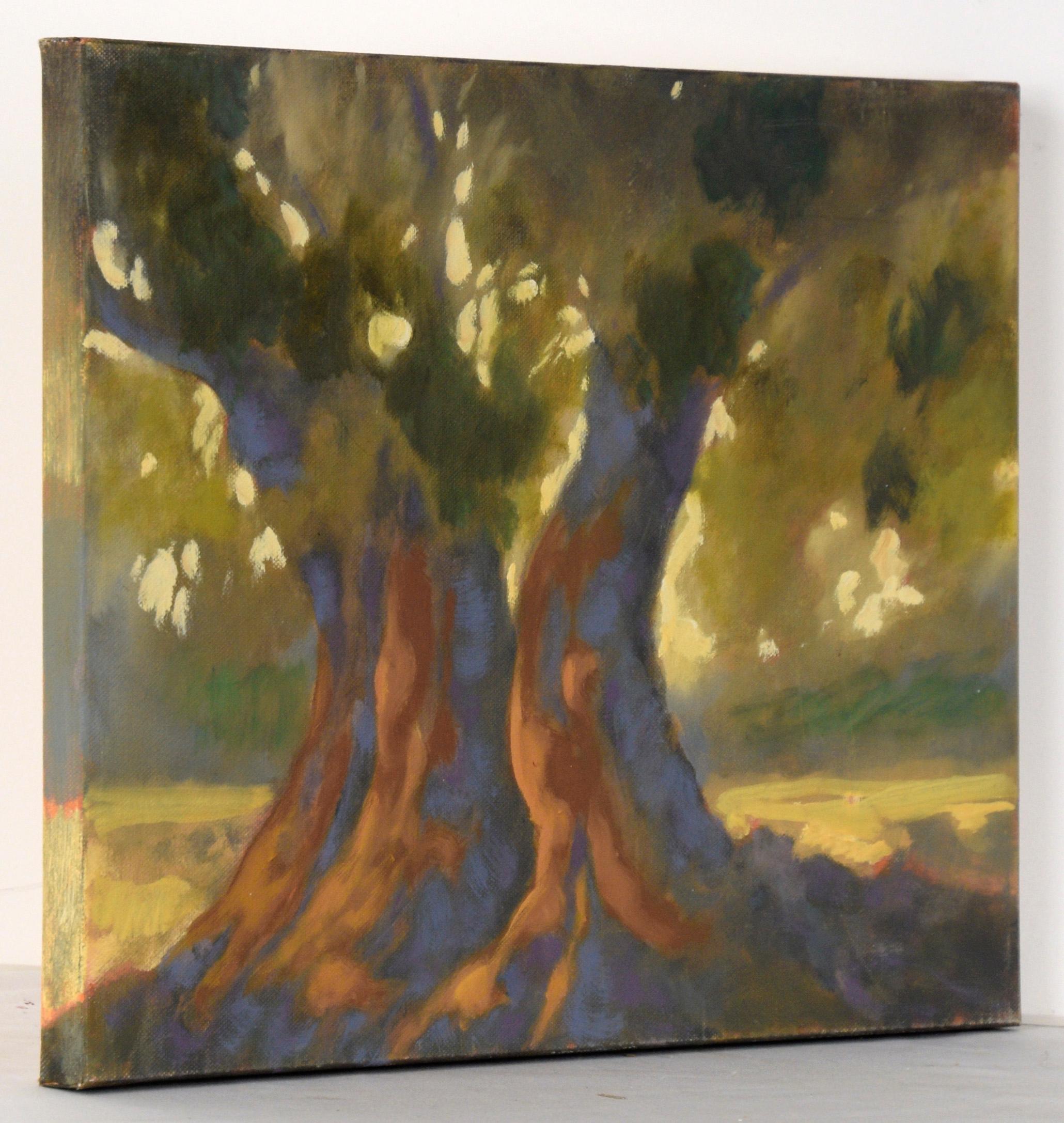 Sunlight Through the Oak Trees in Acrylic on Canvas

Landscape with oak trees by an unknown central California coast artist Maria Pavao Hadsell (Portugal/American, 20th Century). A large oak tree with three trunks is glowing in the sunlight. The