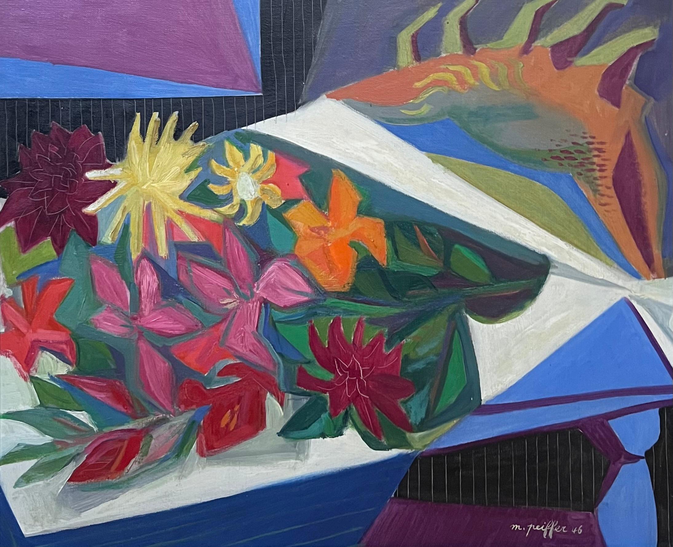 1940s French Fauvist Modernist Still Life Flowers on Table Interior Oil Painting - Black Still-Life Painting by M. Peiffer