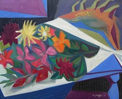 1940s French Fauvist Modernist Still Life Flowers on Table Interior Oil Painting