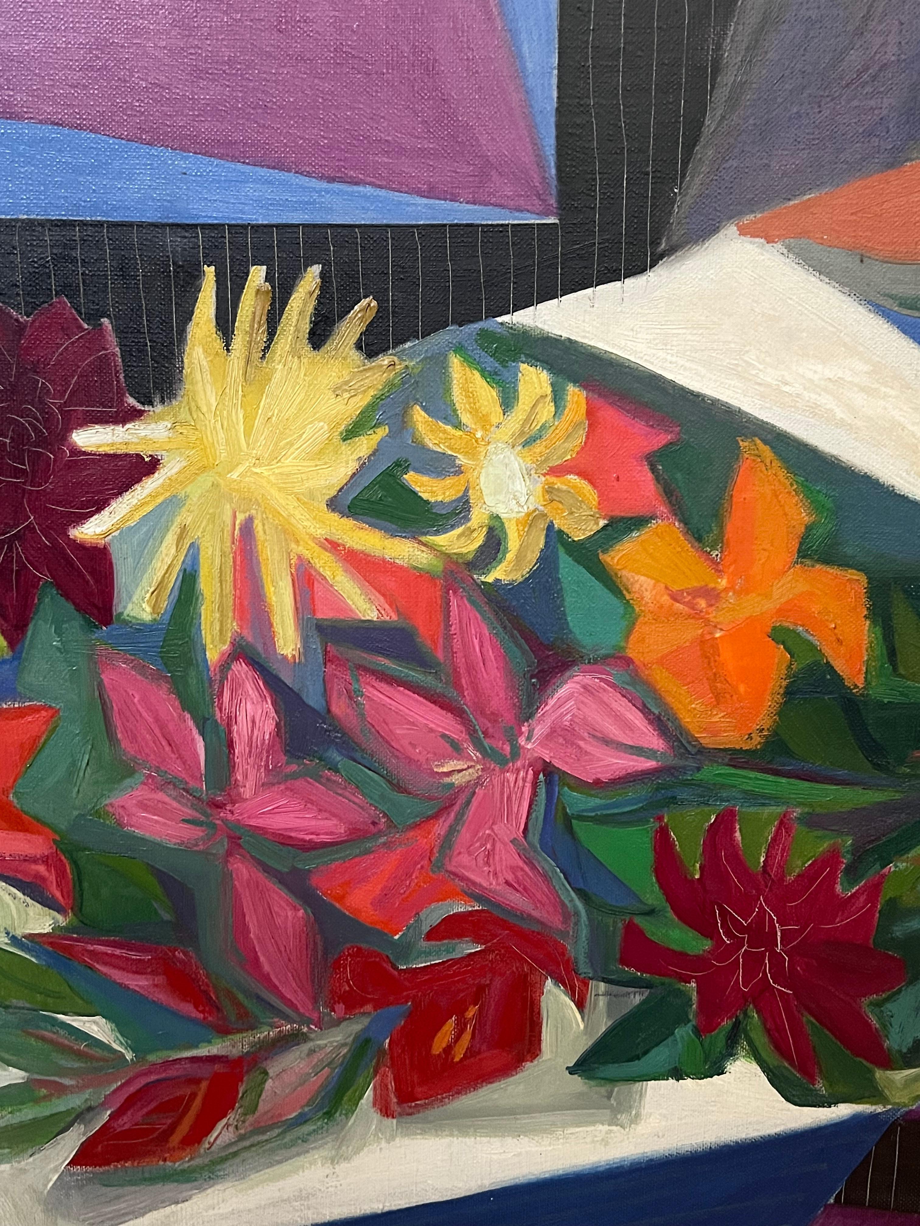 1940s French Fauvist Modernist Still Life Flowers on Table Interior Oil Painting For Sale 1