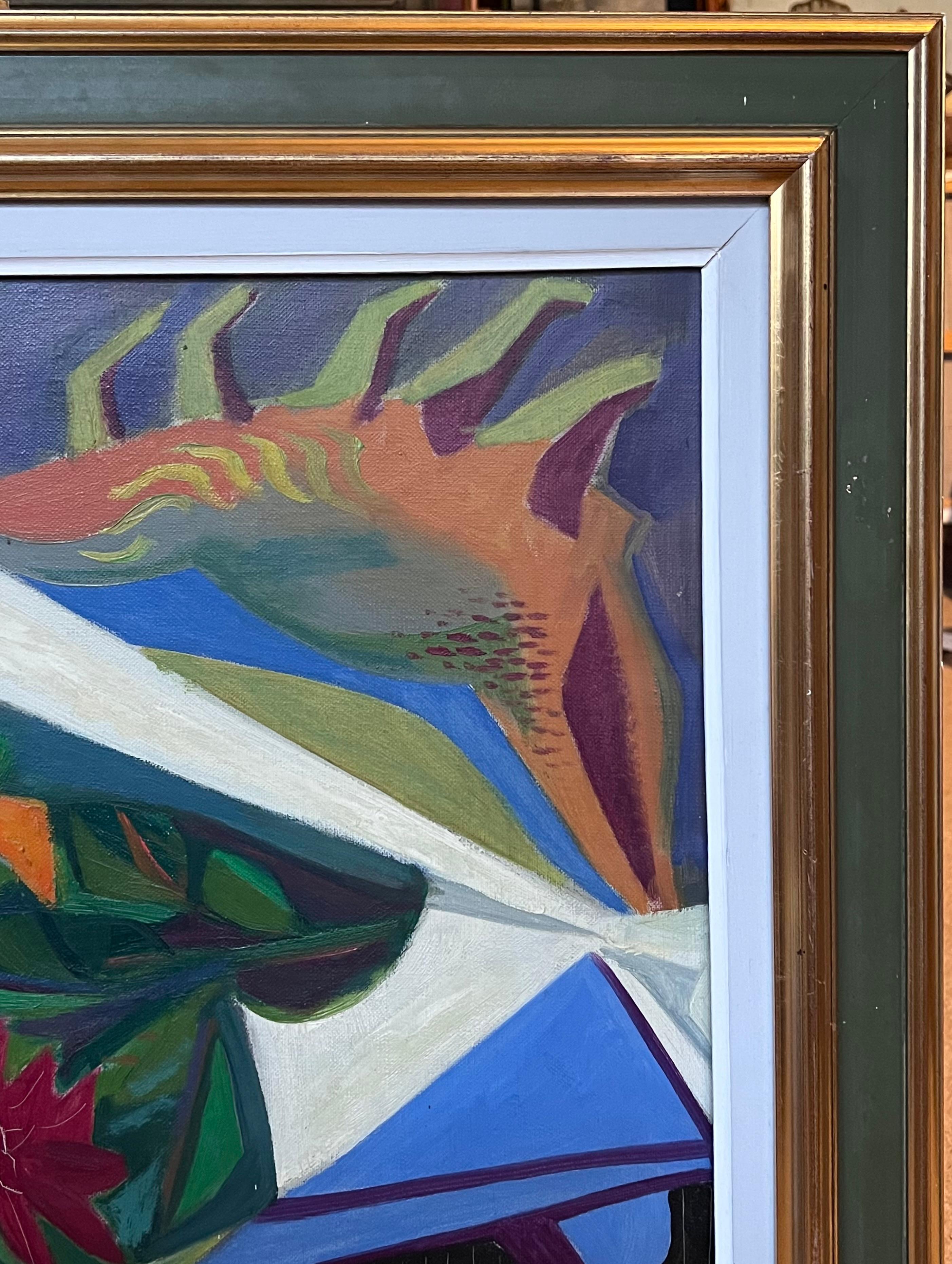 1940s French Fauvist Modernist Still Life Flowers on Table Interior Oil Painting For Sale 2
