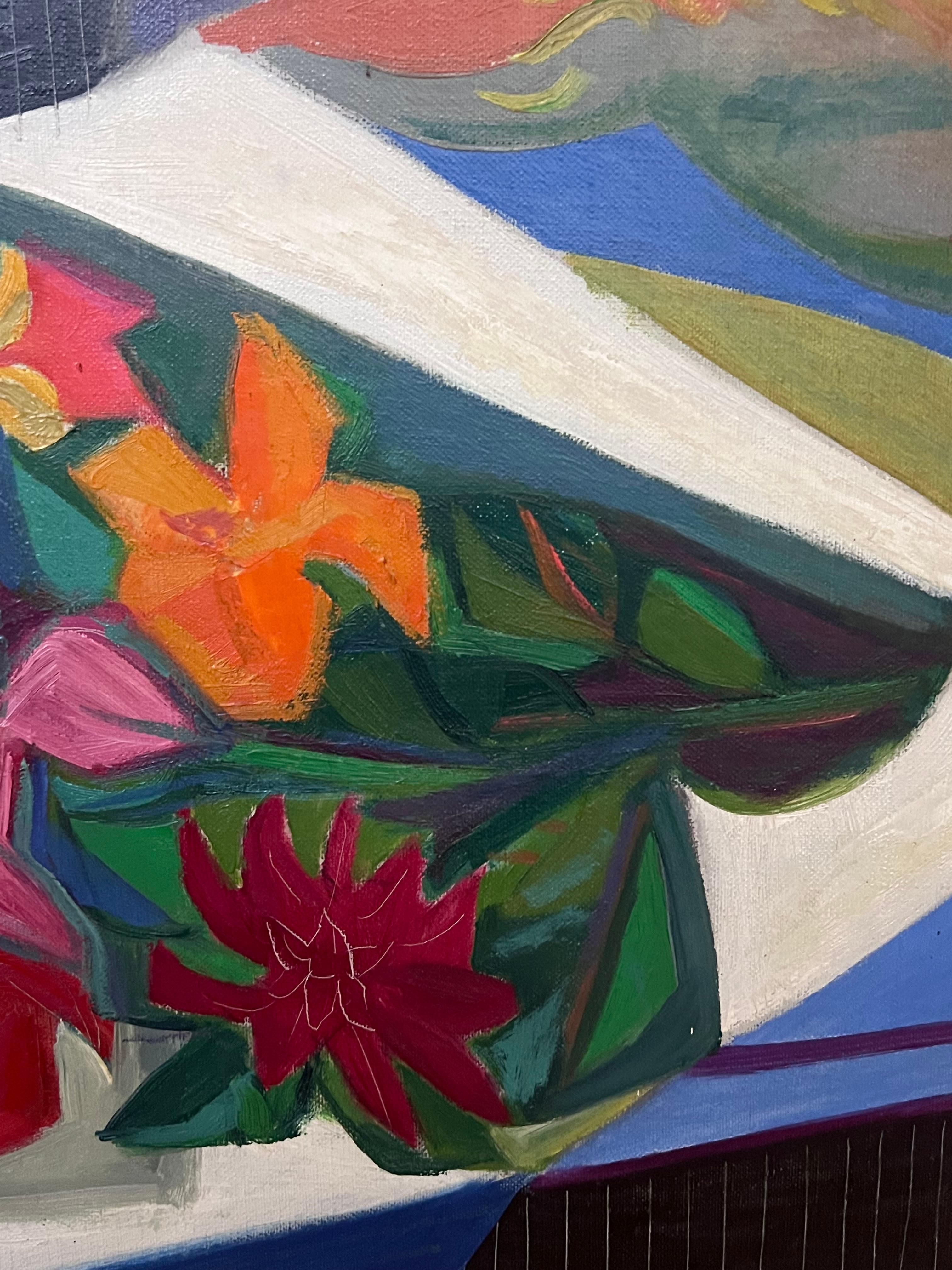 1940s French Fauvist Modernist Still Life Flowers on Table Interior Oil Painting For Sale 6
