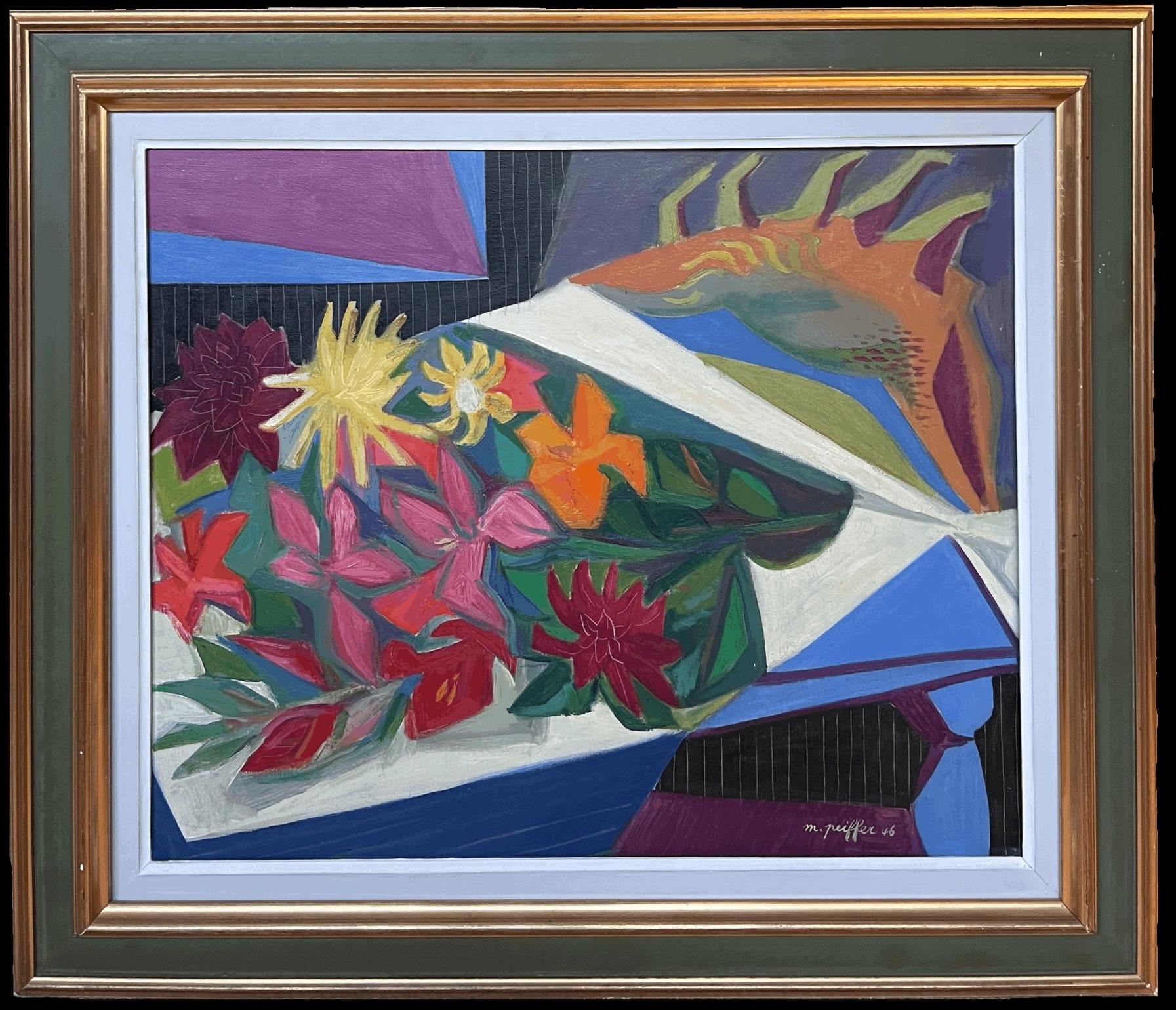 M. Peiffer Still-Life Painting - 1940s French Fauvist Modernist Still Life Flowers on Table Interior Oil Painting