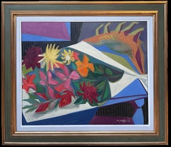 1940s French Fauvist Modernist Still Life Flowers on Table Interior Oil Painting