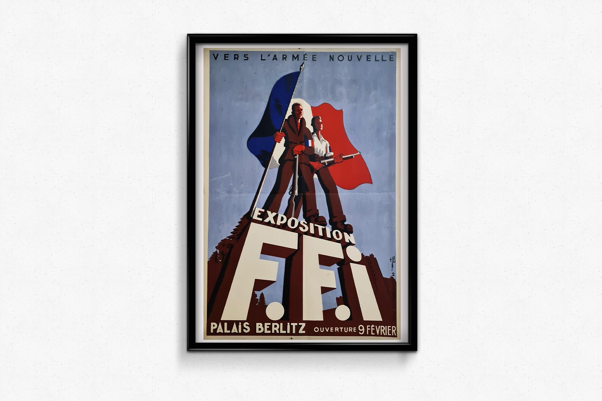 Une sublime affiche chargée d'histoire.

Maurice Pineau a réalisé cette œuvre pour promouvoir l'exposition de l'I+I qui s'est tenue au Palais Berlitz en 1944.

Les Forces françaises de l'intérieur (FFI) représentent les principales formations