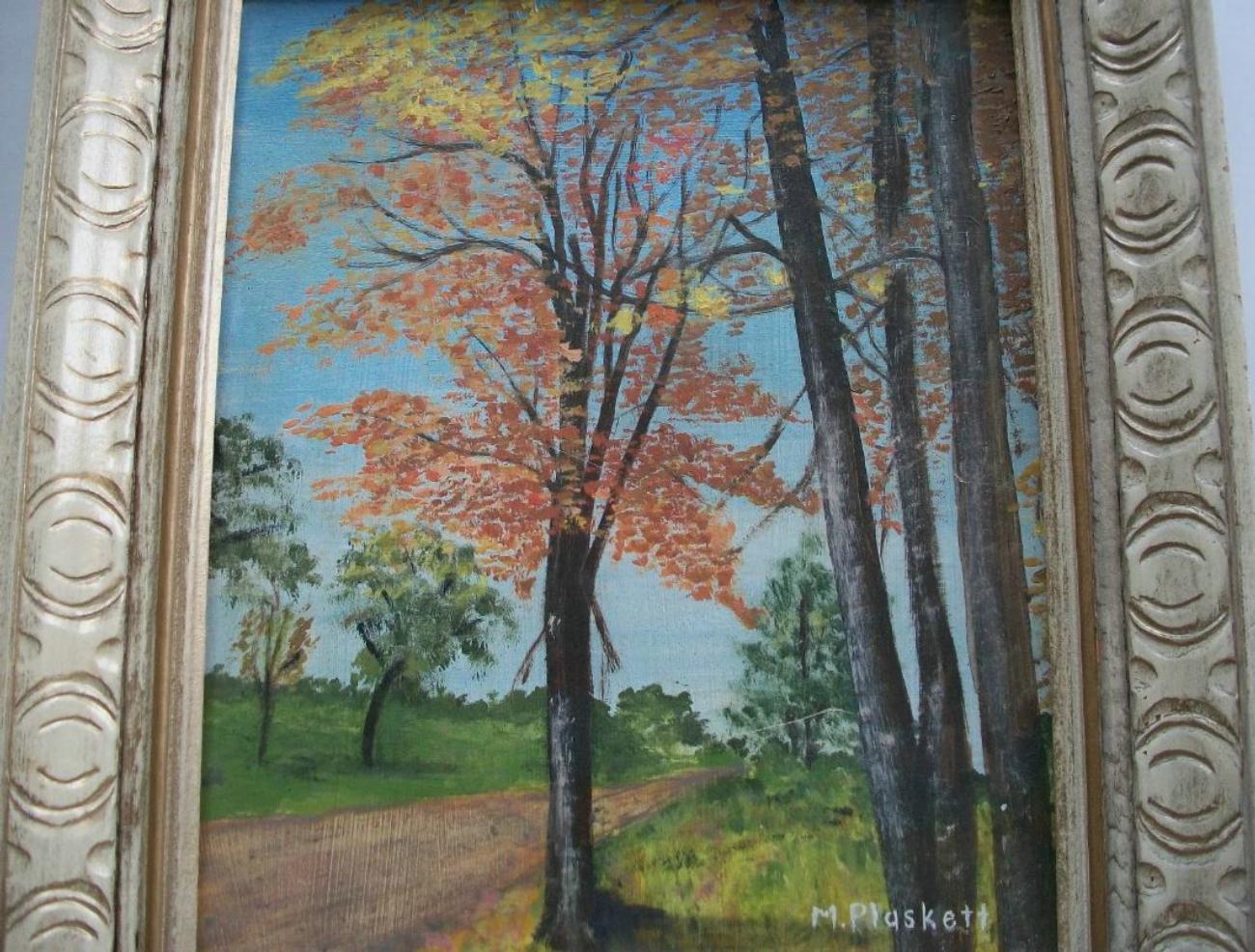 M PLASKETT - Folk Art Autumn Landscape Painting - Signé - Encadré - 20th Century en vente 2