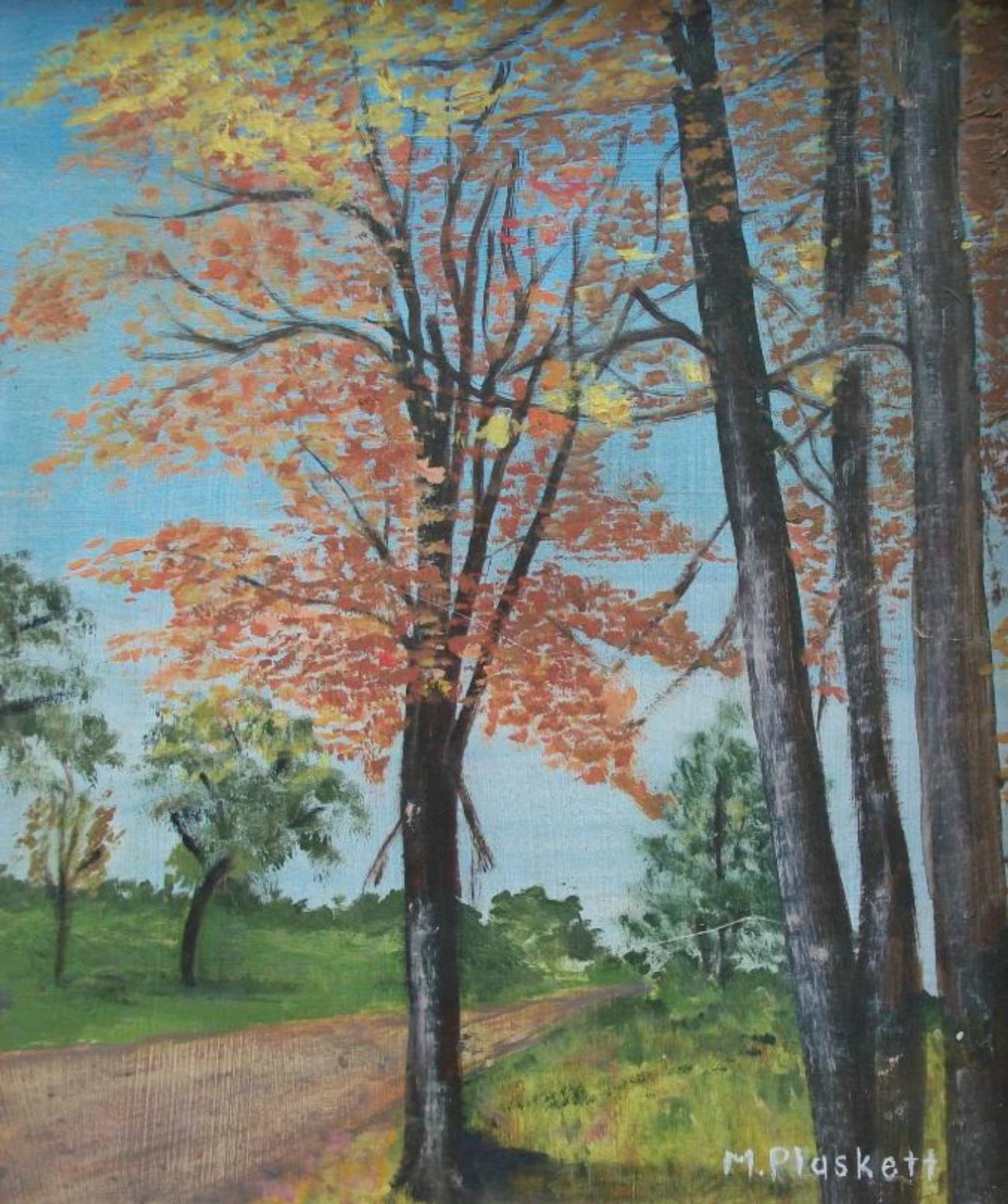 Artisanat M PLASKETT - Folk Art Autumn Landscape Painting - Signé - Encadré - 20th Century en vente