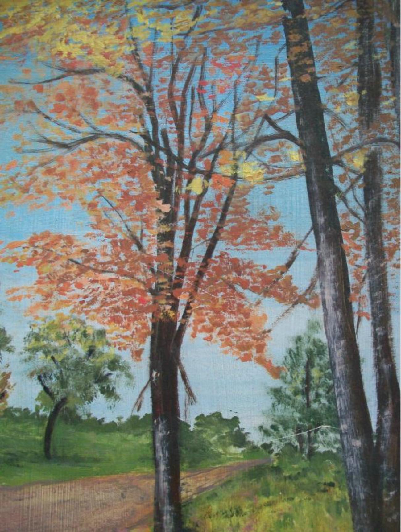 Canadien M PLASKETT - Folk Art Autumn Landscape Painting - Signé - Encadré - 20th Century en vente