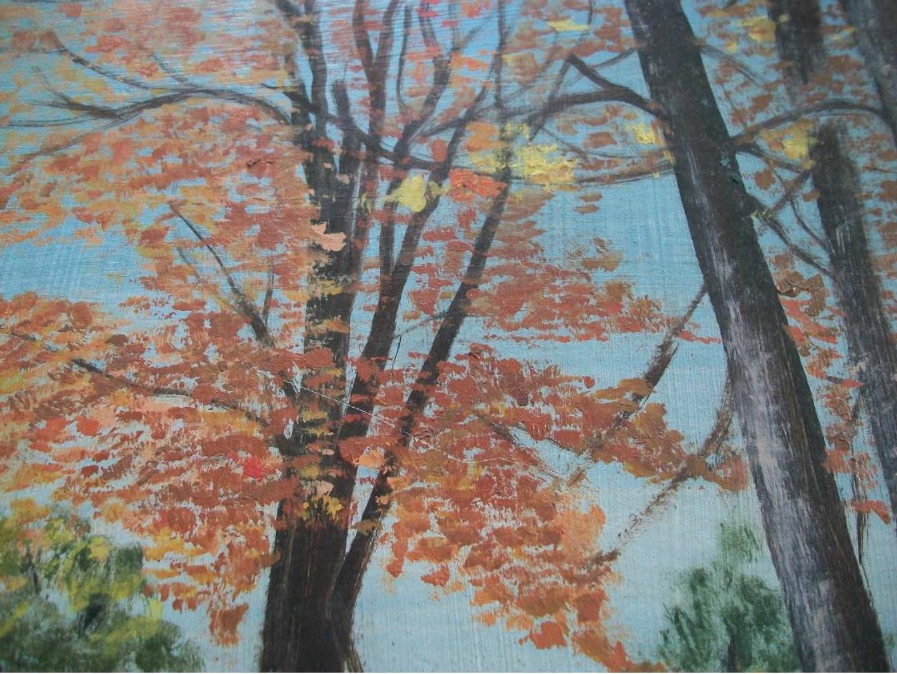 M PLASKETT - Folk Art Autumn Landscape Painting - Signé - Encadré - 20th Century Bon état - En vente à Chatham, ON