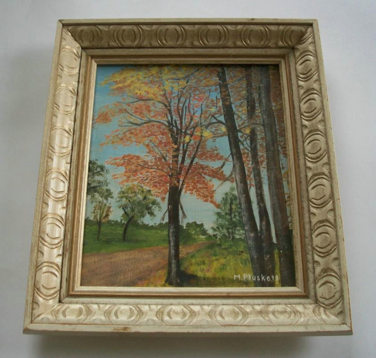 M PLASKETT - Folk Art Autumn Landscape Painting - Signé - Encadré - 20th Century en vente 1
