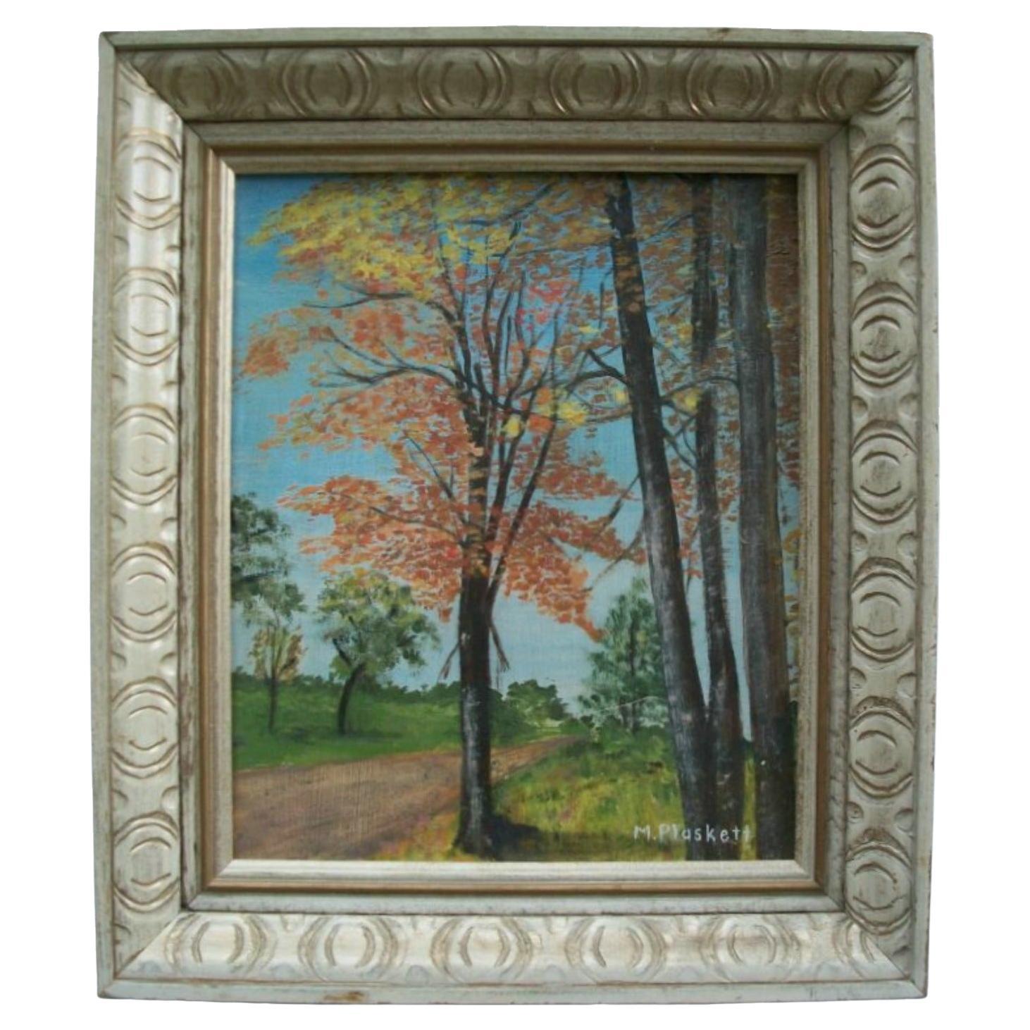 M PLASKETT - Folk Art Autumn Landscape Painting - Signed - Framed - 20th Century