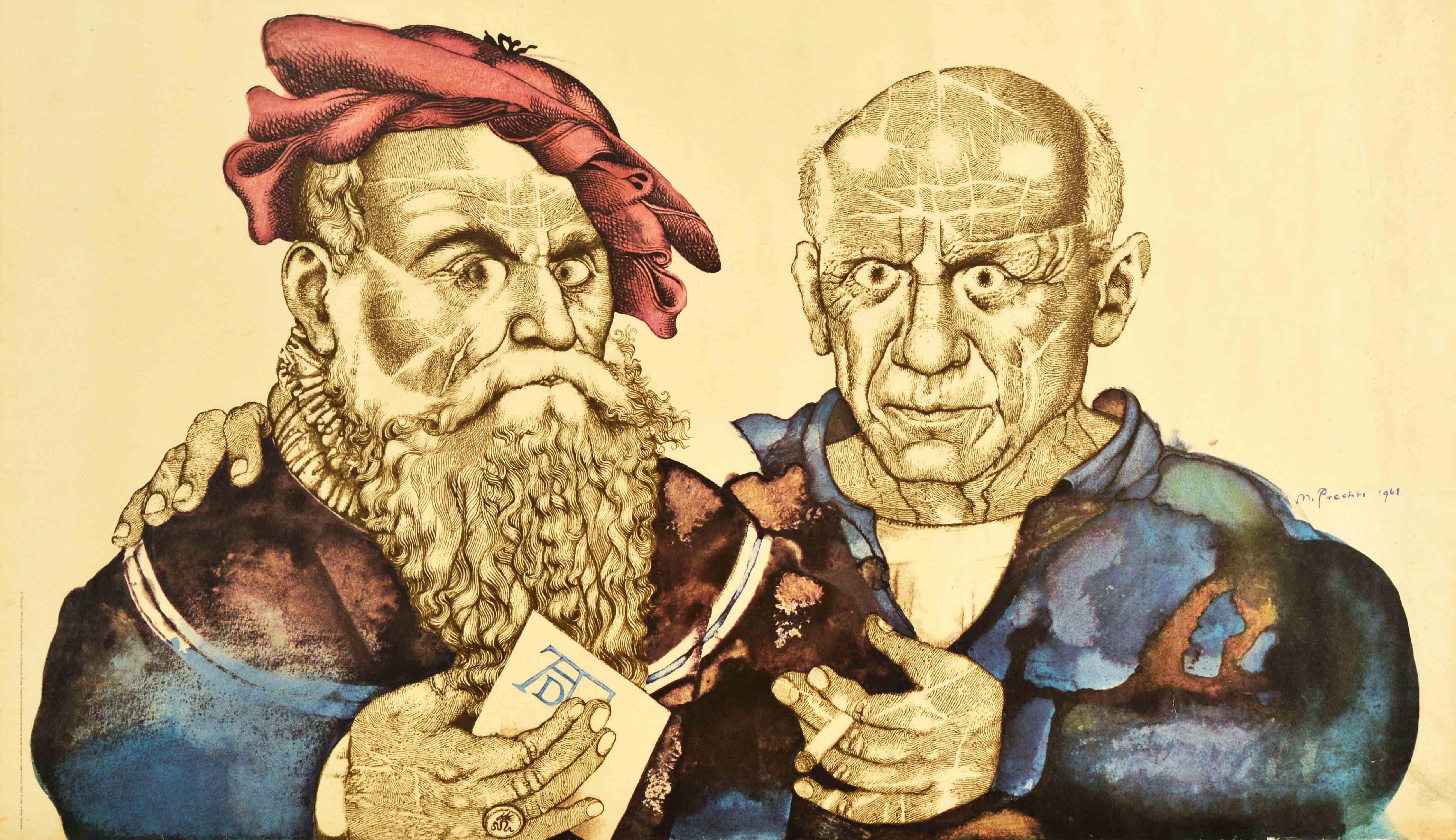 Poster originale d'epoca di una mostra d'arte con una grande illustrazione dell'artista e vignettista tedesco Michael Mathias Prechtl (1926-2003) per la Cranach & Picasso Austellung der Albrecht Durer Gesellschaft in der Kunsthalle Nurnberg Sept.