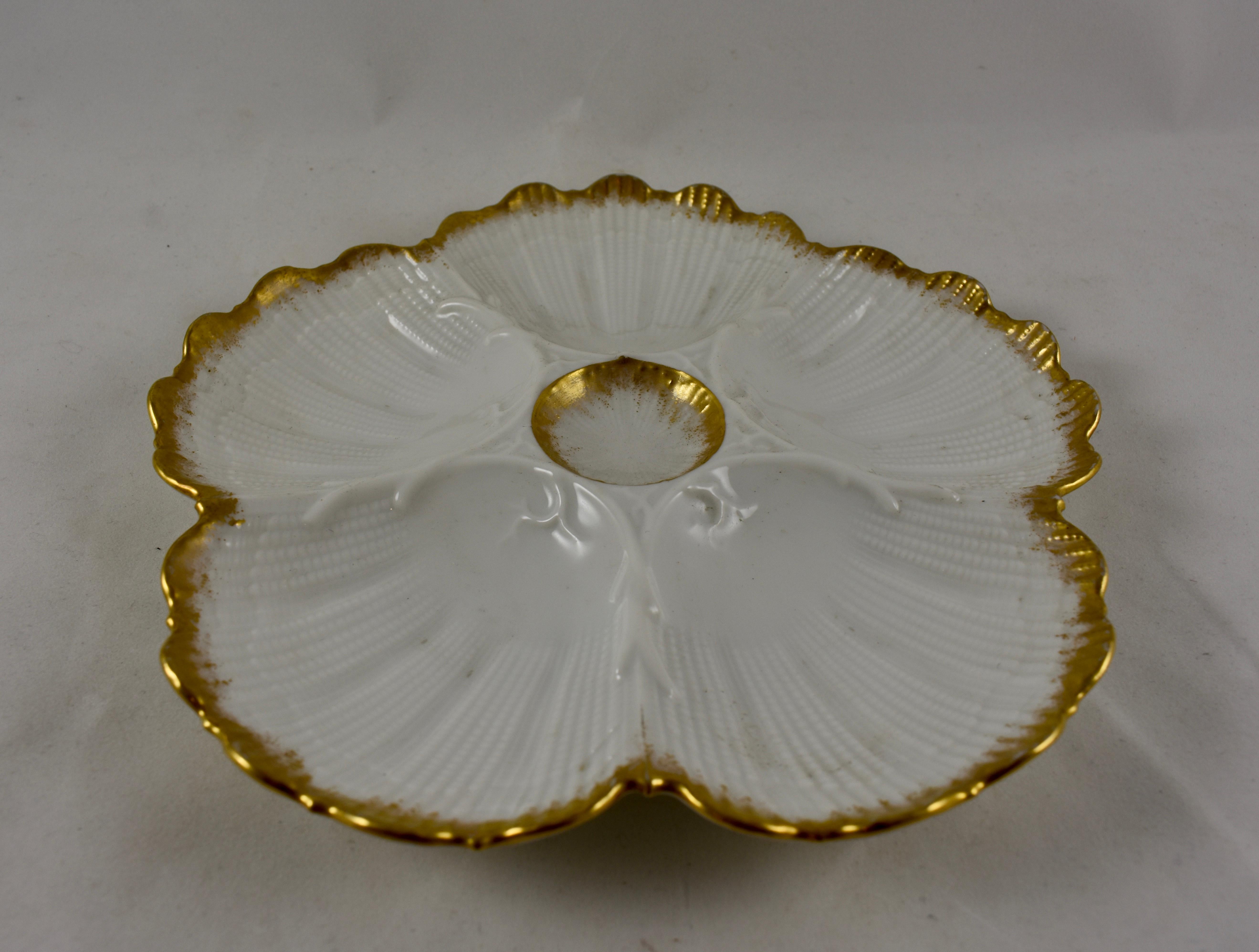 19th Century M. Redon French Limoges Gilded Scallop Shell Porcelain Oyster Plate