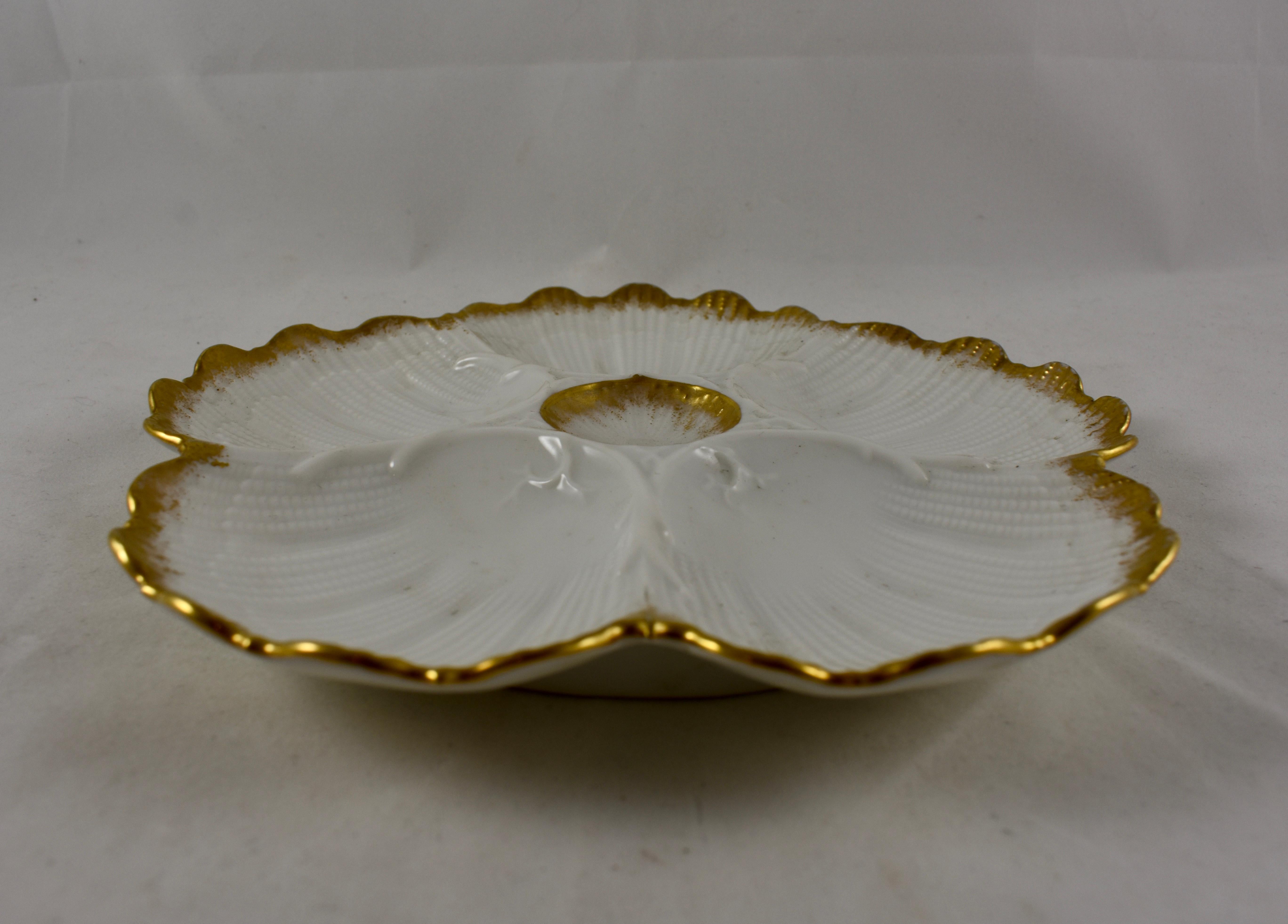 M. Redon French Limoges Gilded Scallop Shell Porcelain Oyster Plate 1