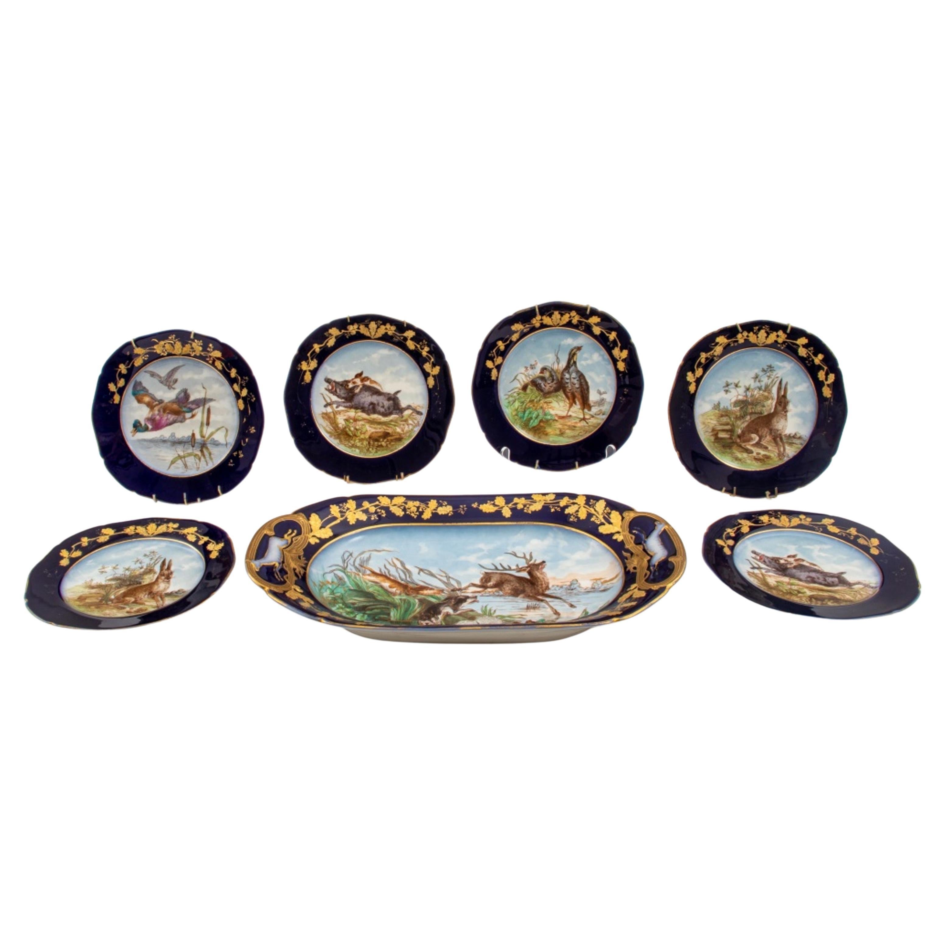 M. Redon Limoges Hunting Game Porcelain, 7 Pieces