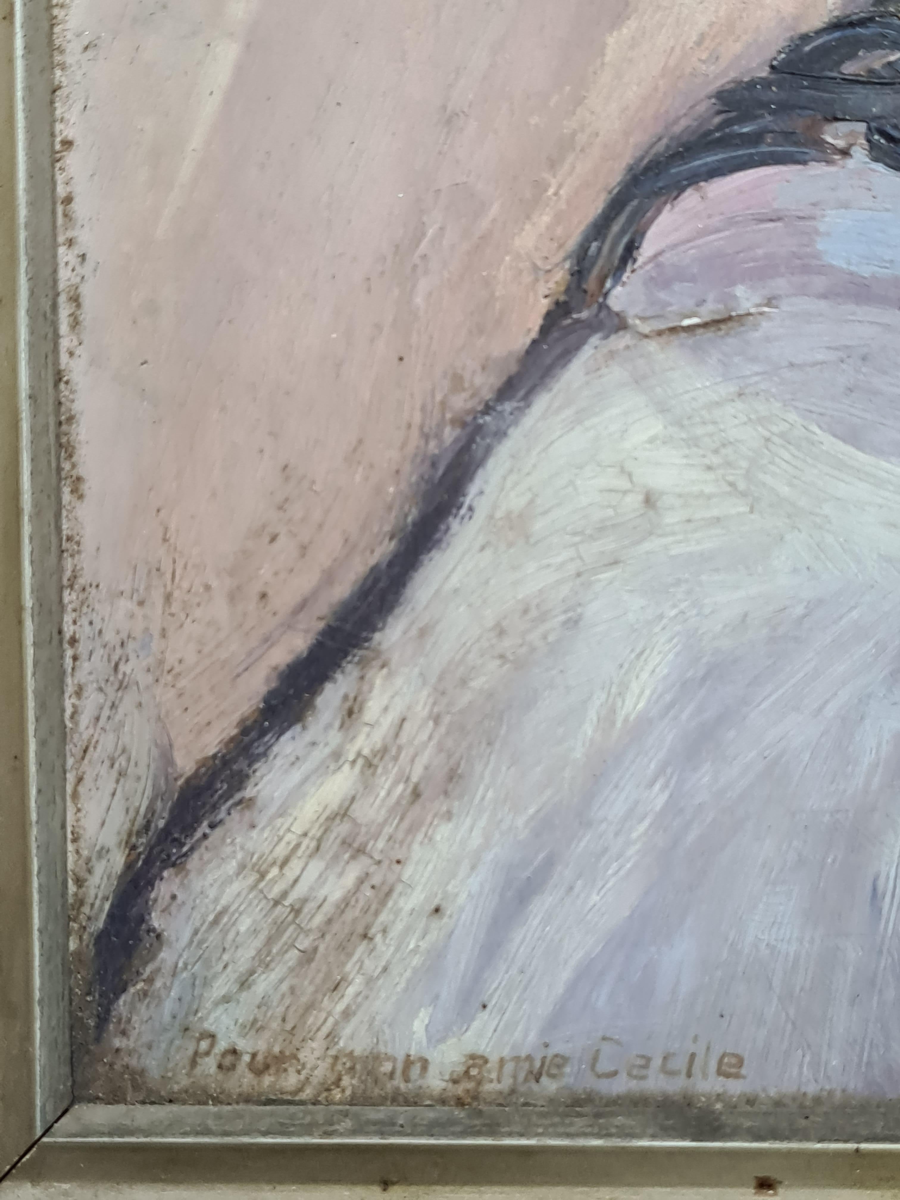 Huile sur carton du milieu du 20ème siècle, portrait de 'Cécile' signé M Reine. Le tableau est signé en bas à droite et porte une dédicace 