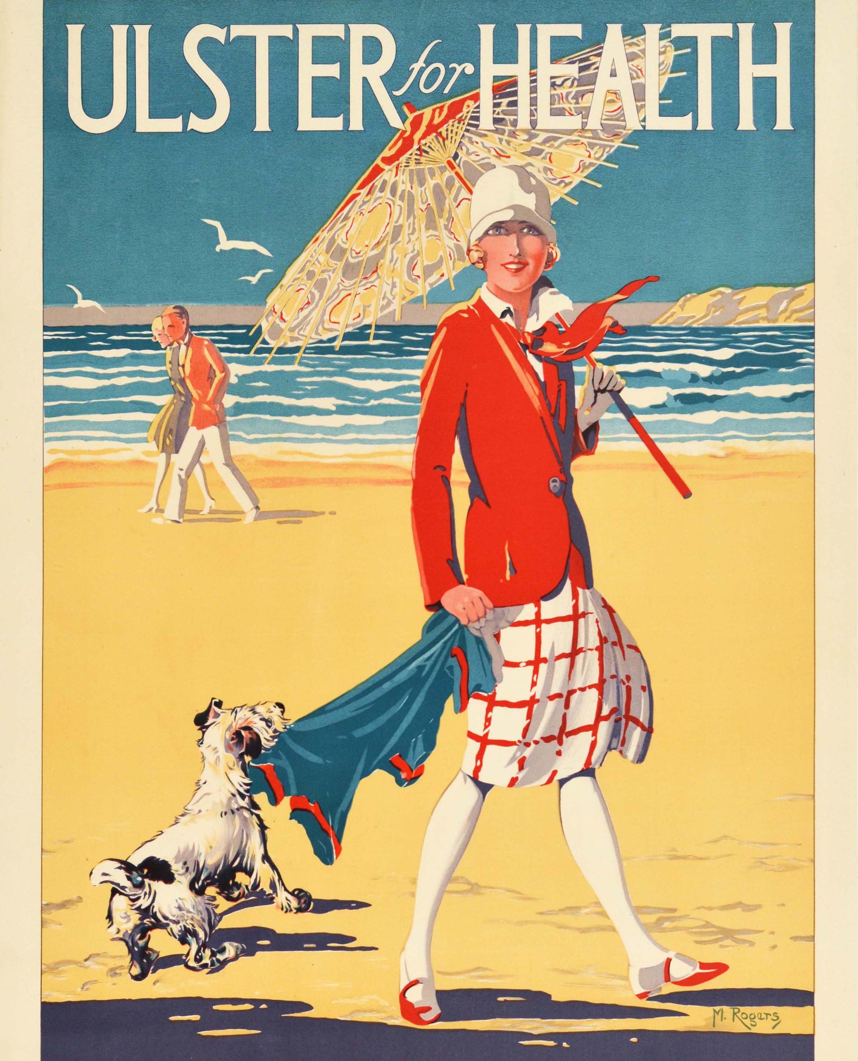 Original Vintage-Art-déco-Poster Ulster für Gesundheit, Irland, Reisen, Strand, Hund, Spaziergang (Beige), Print, von M. Rogers