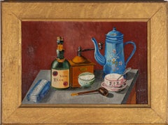 M. Royer - École française Milieu du XXe siècle Huile, Nature morte à la cafetière bleue