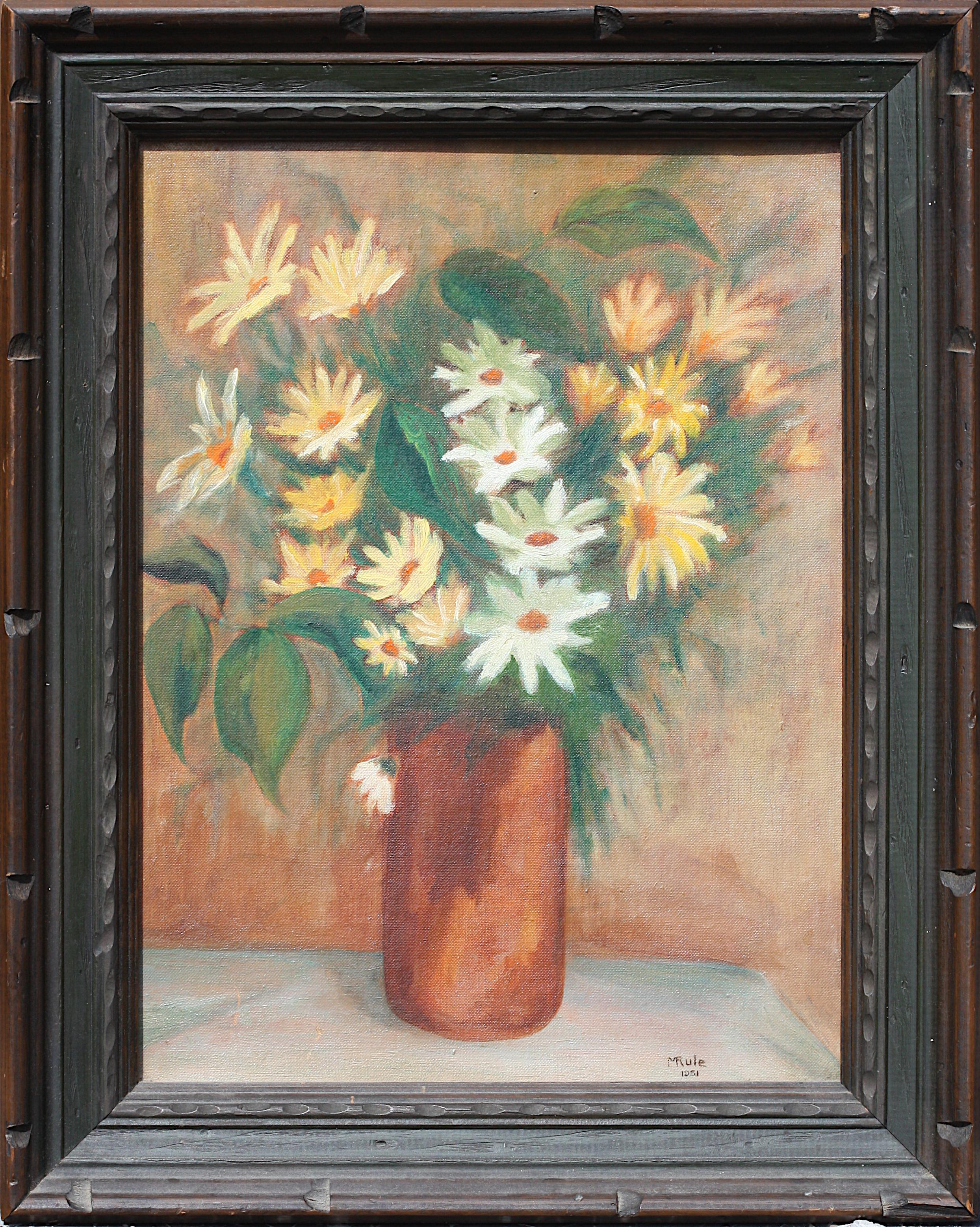 
M. Rule, (20. Jahrhundert), Gänseblümchen in einer Vase, 1951
Öl auf Leinwand, signiert, datiert v.l.n.r.
11 1/2 mal 15 1/2 Zoll.
Insgesamt 16 x 20 Zoll.
Condition Report
Guter Zustand.