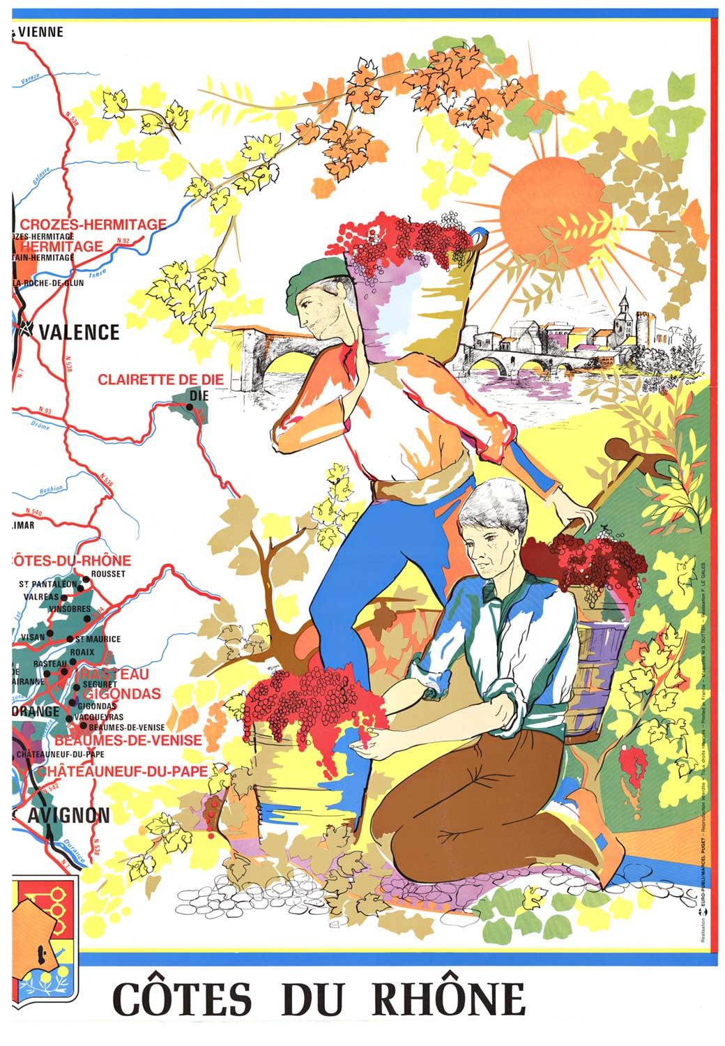 Original Vins Des Côtes du Rhône, French Wine Map vintage poster - Print by M. S. Dutter
