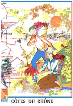 Original Vins Des Côtes du Rhône, French Wine Map vintage poster