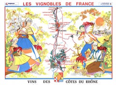 Original Vins Des Côtes du Rhône, French Wine Map vintage poster
