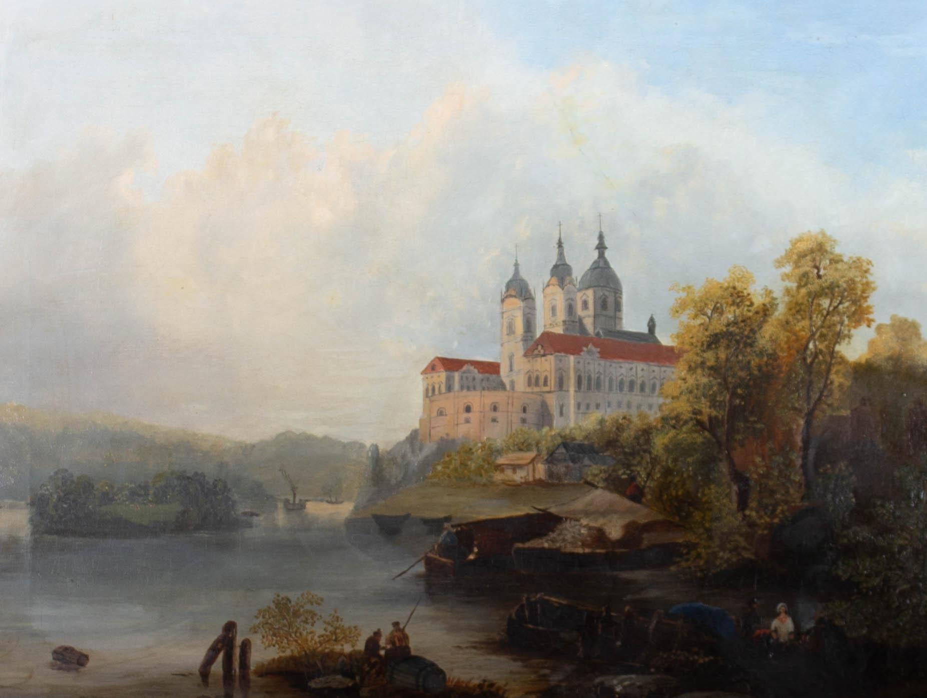 A beautiful example of a late 19th Century oil landscape, showing a grand German castle on the edge of a calm lake in early autumn. Figures can be seen around a small fire to the lower right at the shore of the lake. The artist has initialed to the