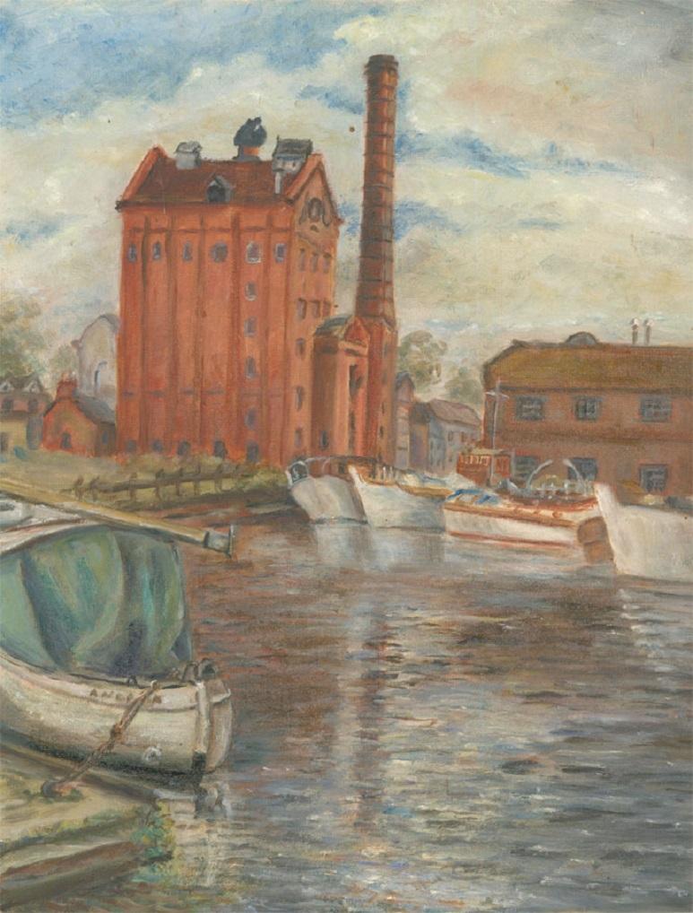 Una bella veduta a olio del XX secolo del bacino di Diglis a Worcester. L'artista ha firmato e iscritto la località sul retro. Su tavola di tela.
