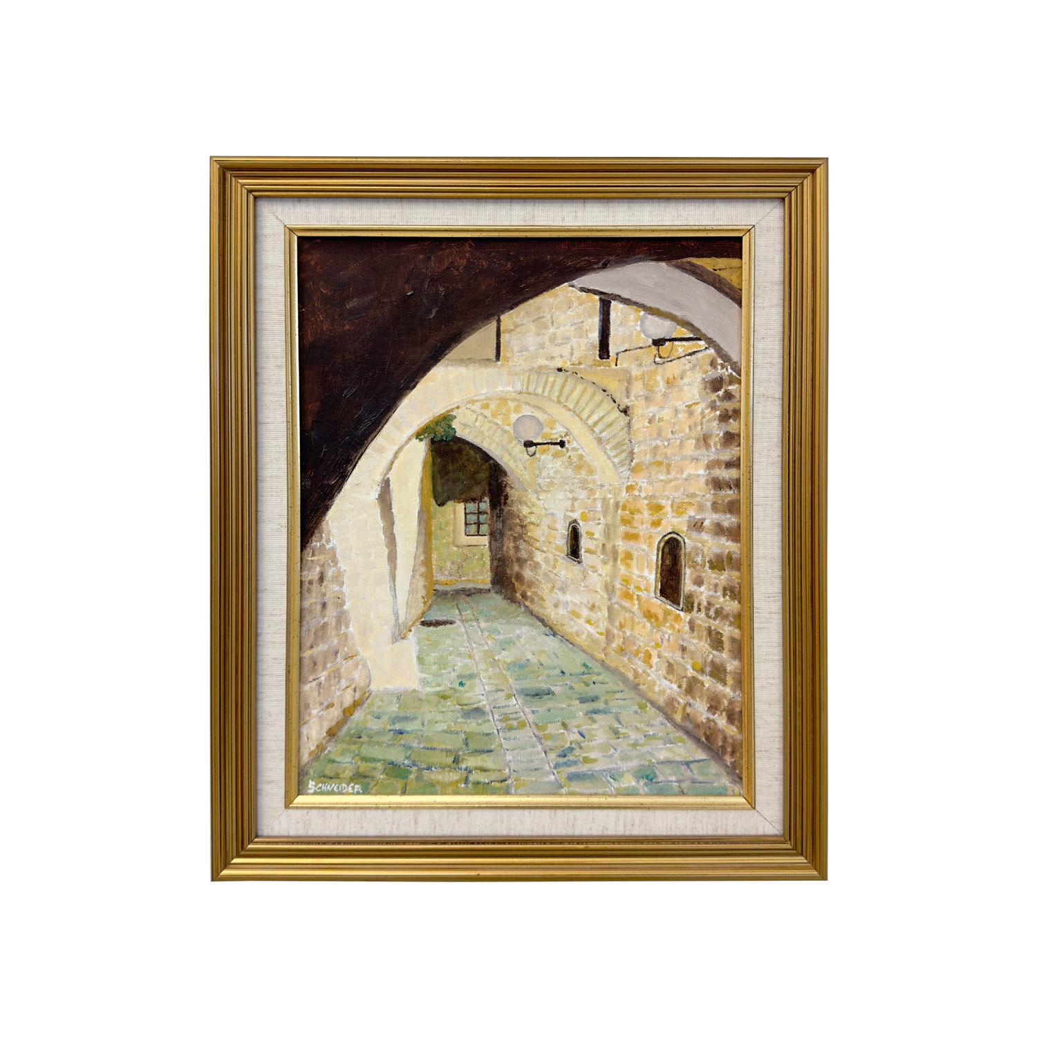 A captivating oil on canvas painting, titled 'Street of Jerusalem". The artist M. Schneider skillfully captures the essence of this revered city. 
The palette of pale green hues breathes life into the cobblestone pathway, evoking a sense of