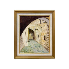 Used Street of Jerusalem Oil on Canvas Impressionistic Painting by M. Schneider 