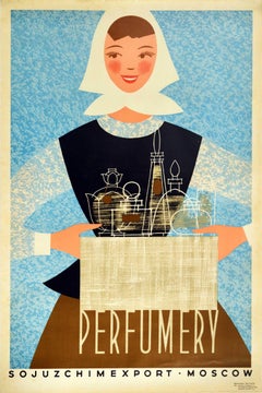 Affiche rétro originale, parfum soviétique, design du milieu du siècle, Soyuzkhimexport, Moscou