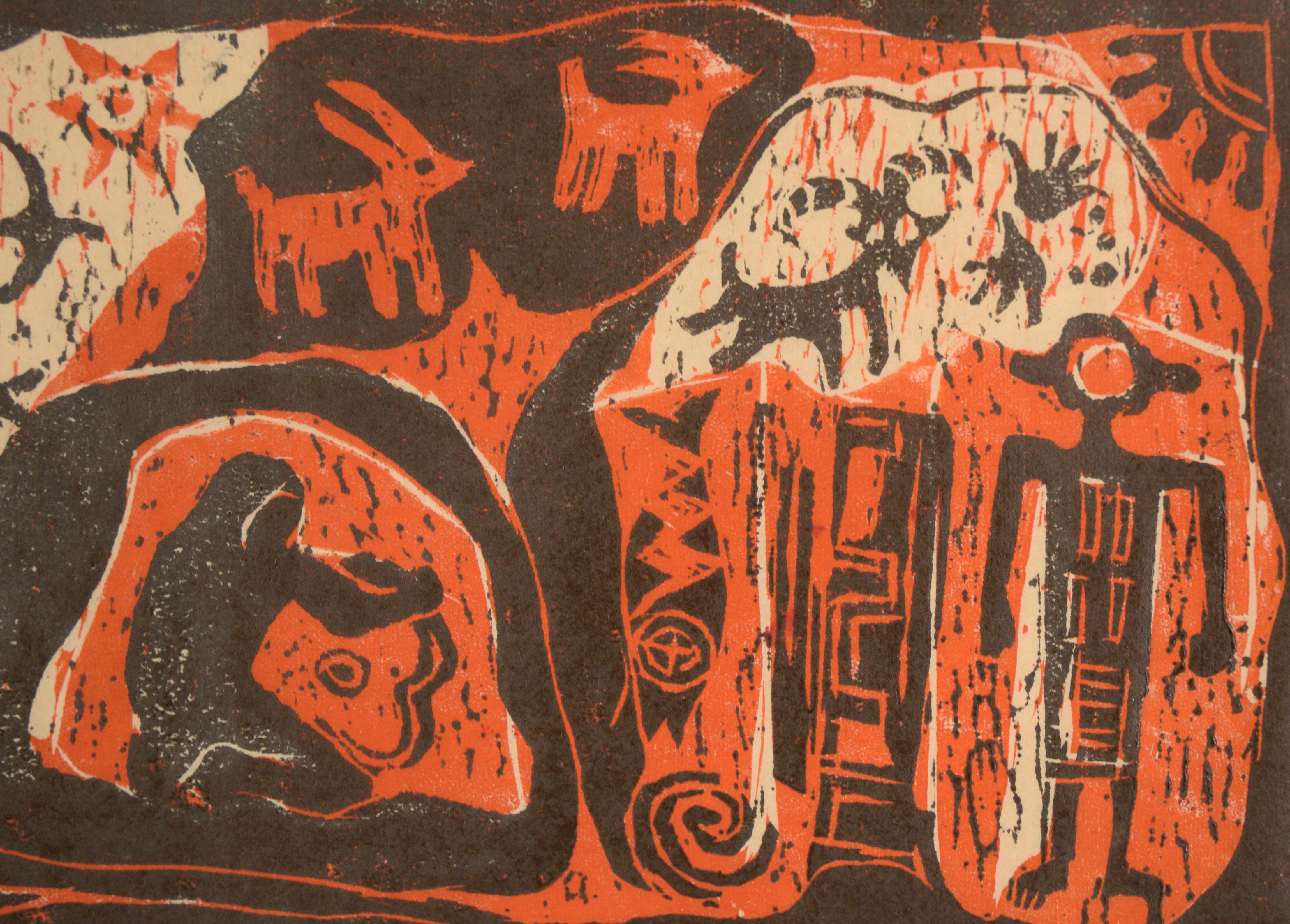 Bold woodcut print by M. Sheppard (20th Century). This piece is filled with Neolithic imagery of people and animals. There are two figures that are engaged in hunting and several prey animals. To the right, there is a figure standing tall, possibly