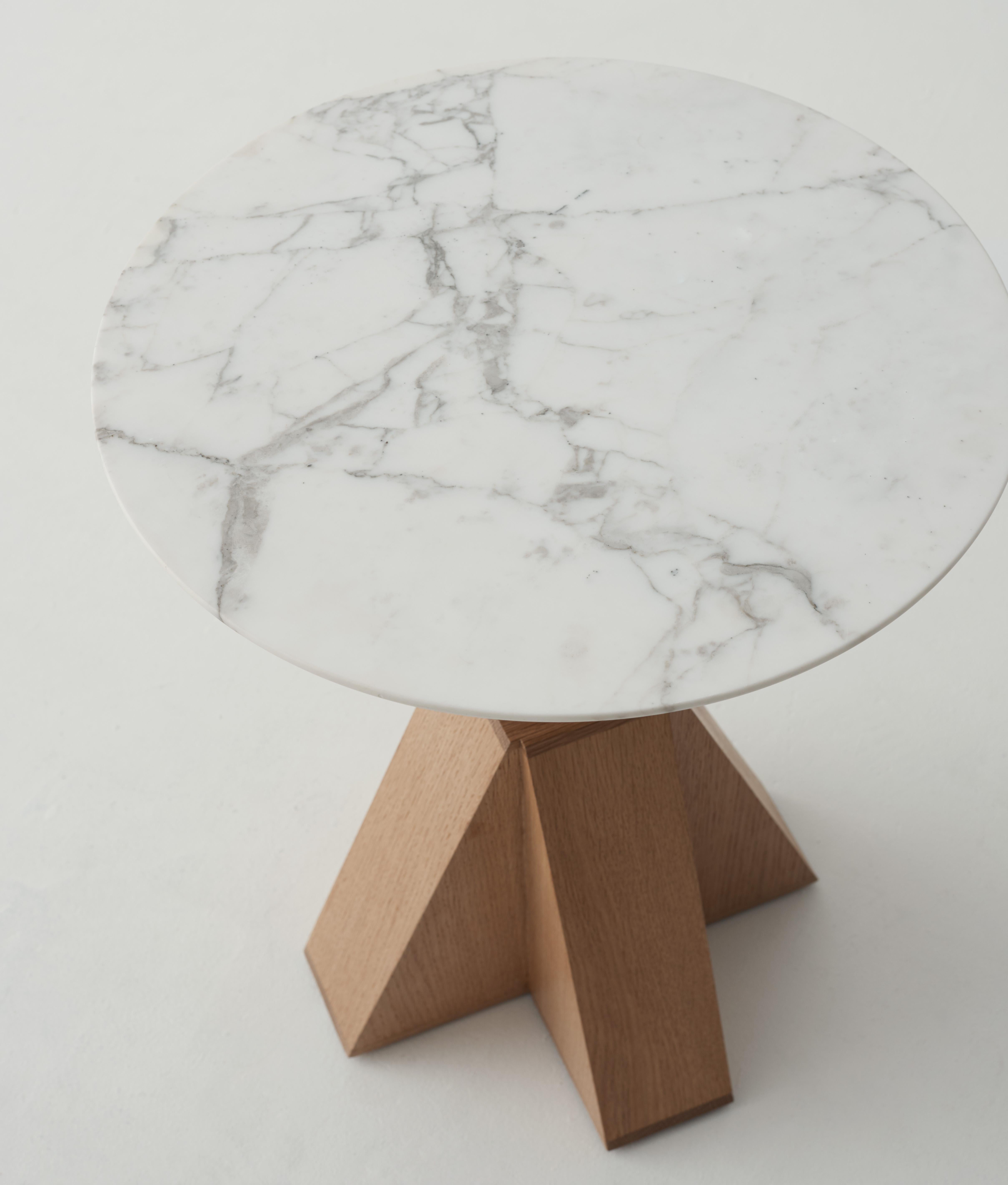 Contemporary M-Side Table by Daniel Boddam, Natural Oak/Carrara Marble For Sale