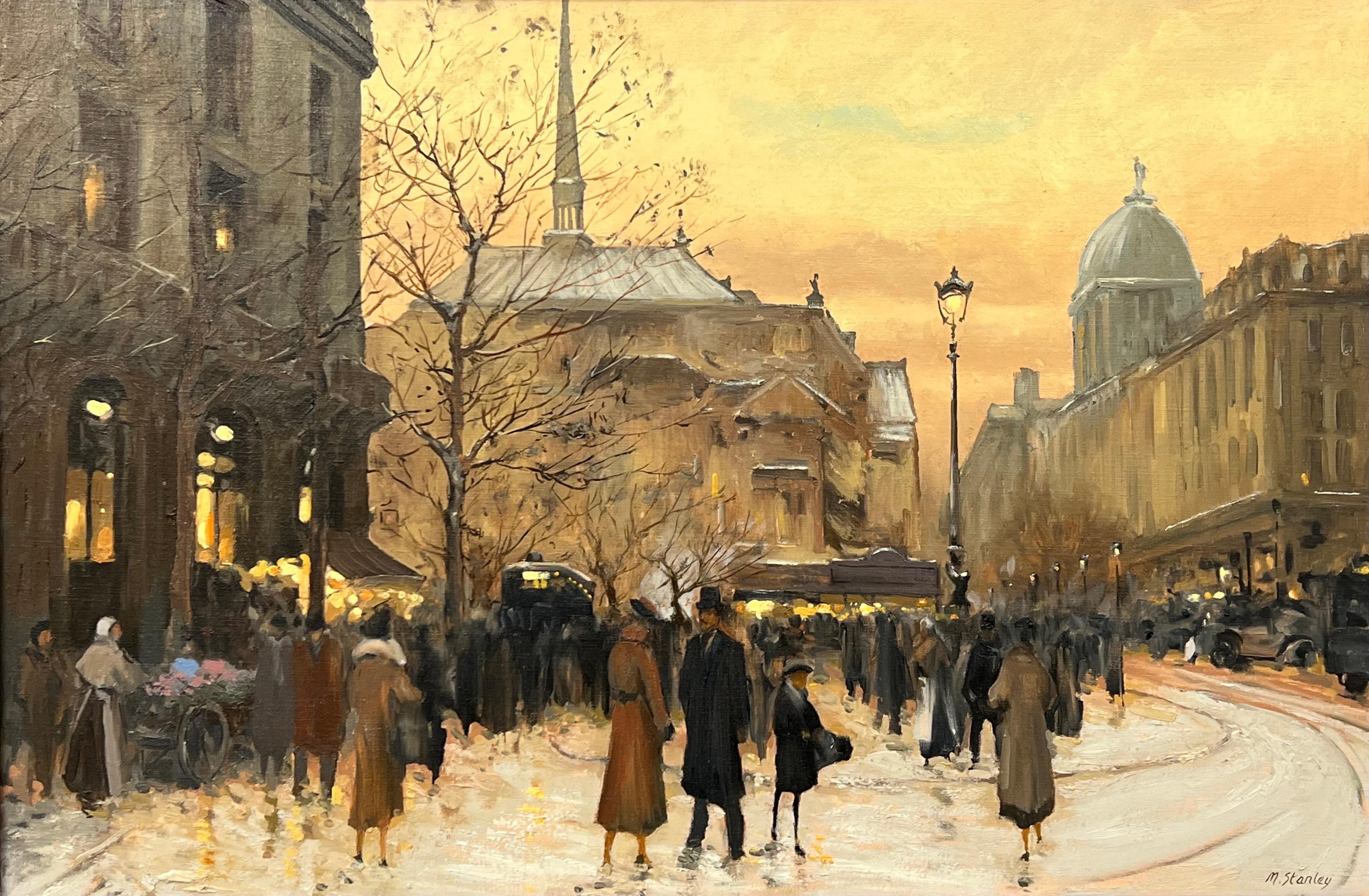 Painting of Figures at a Parisian Market at Wintertime in the Late 19th Century For Sale 9