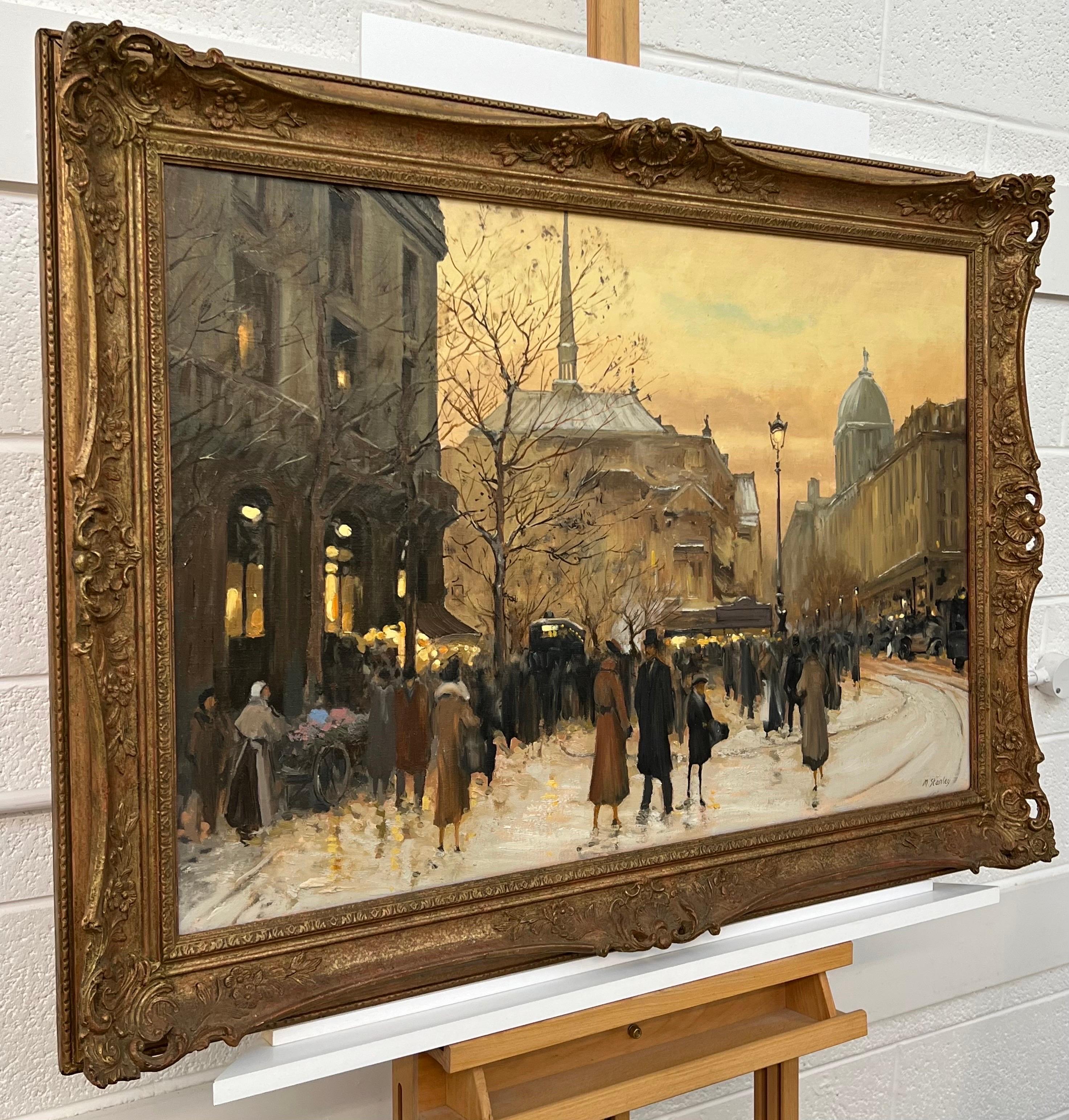 Gemälde von Figuren auf einem Pariser Markt in der Winterzeit des späten 19. Jahrhunderts – Painting von M Stanley