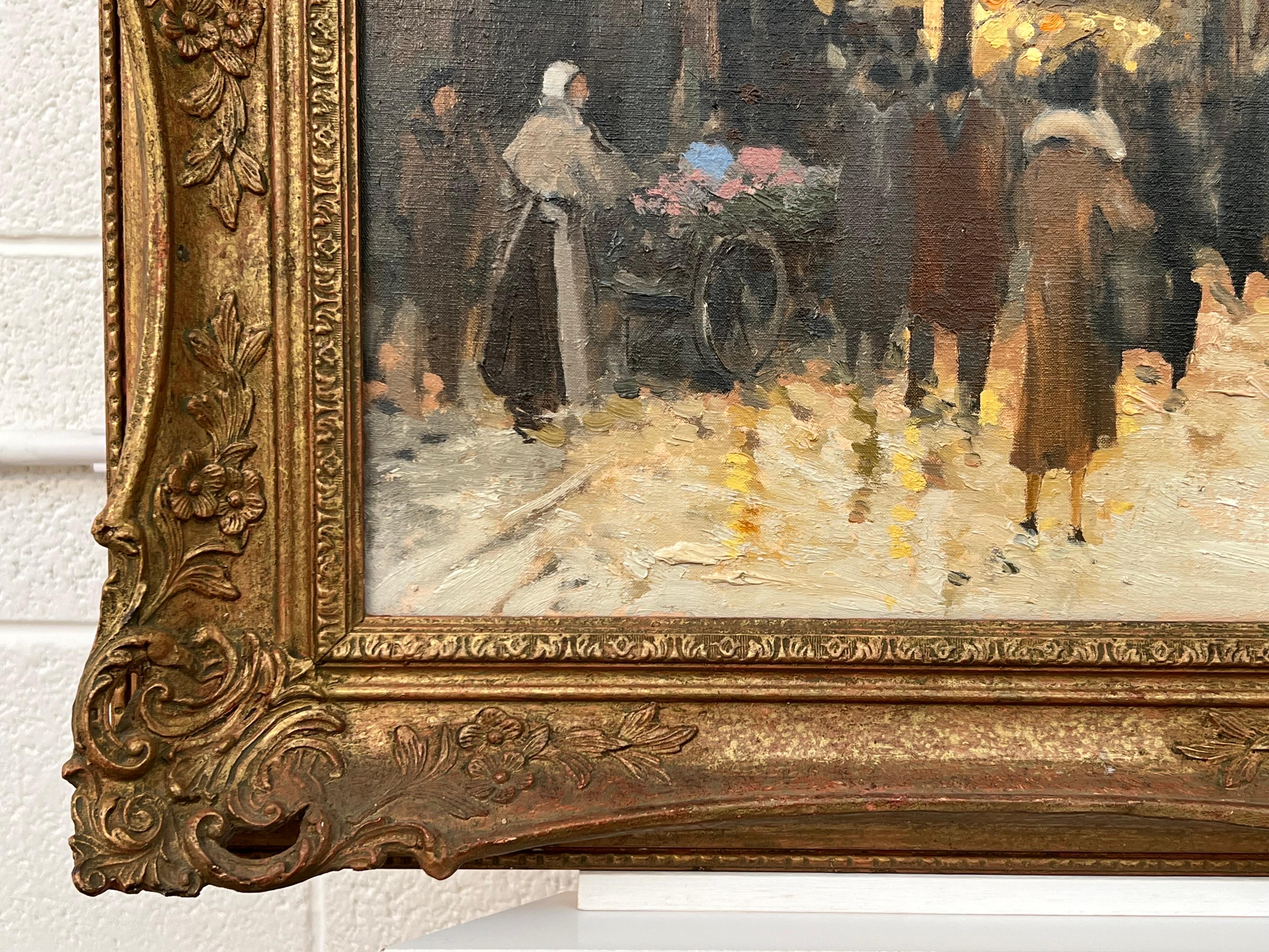 Painting of Figures at a Parisian Market at Wintertime in the Late 19th Century - Brown Landscape Painting by M Stanley