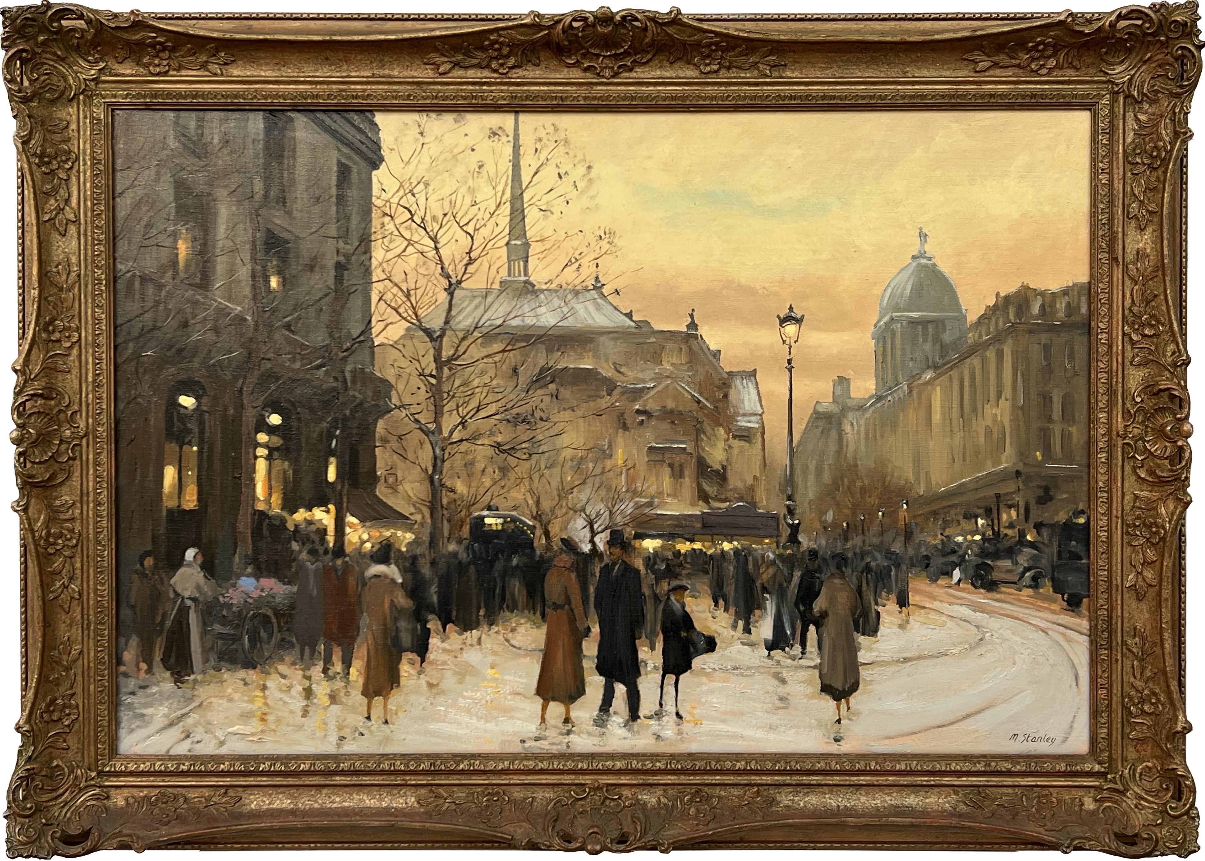 Peinture de personnages sur un marché parisien en hiver à la fin du XIXe siècle