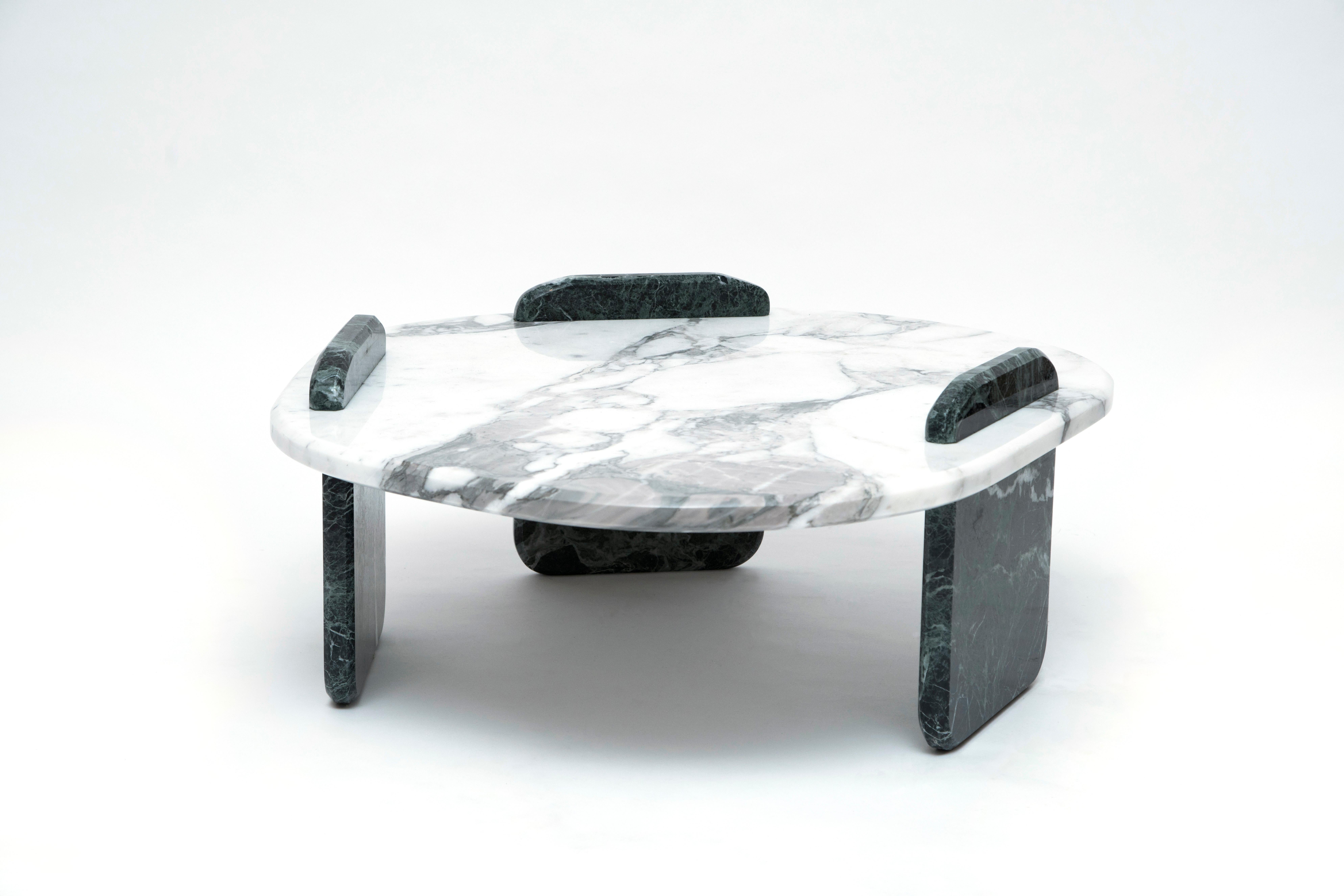 M-Table by Thomas Trad
2018
Dimensions: L 90 x W 80 x H 30 cm
Materials: Arabescato marble top, Tinos green legs

Marble coffee table.

Thomas Trad is a product designer from Beirut. An alumnus of London's prestigious Central Saint Martins,