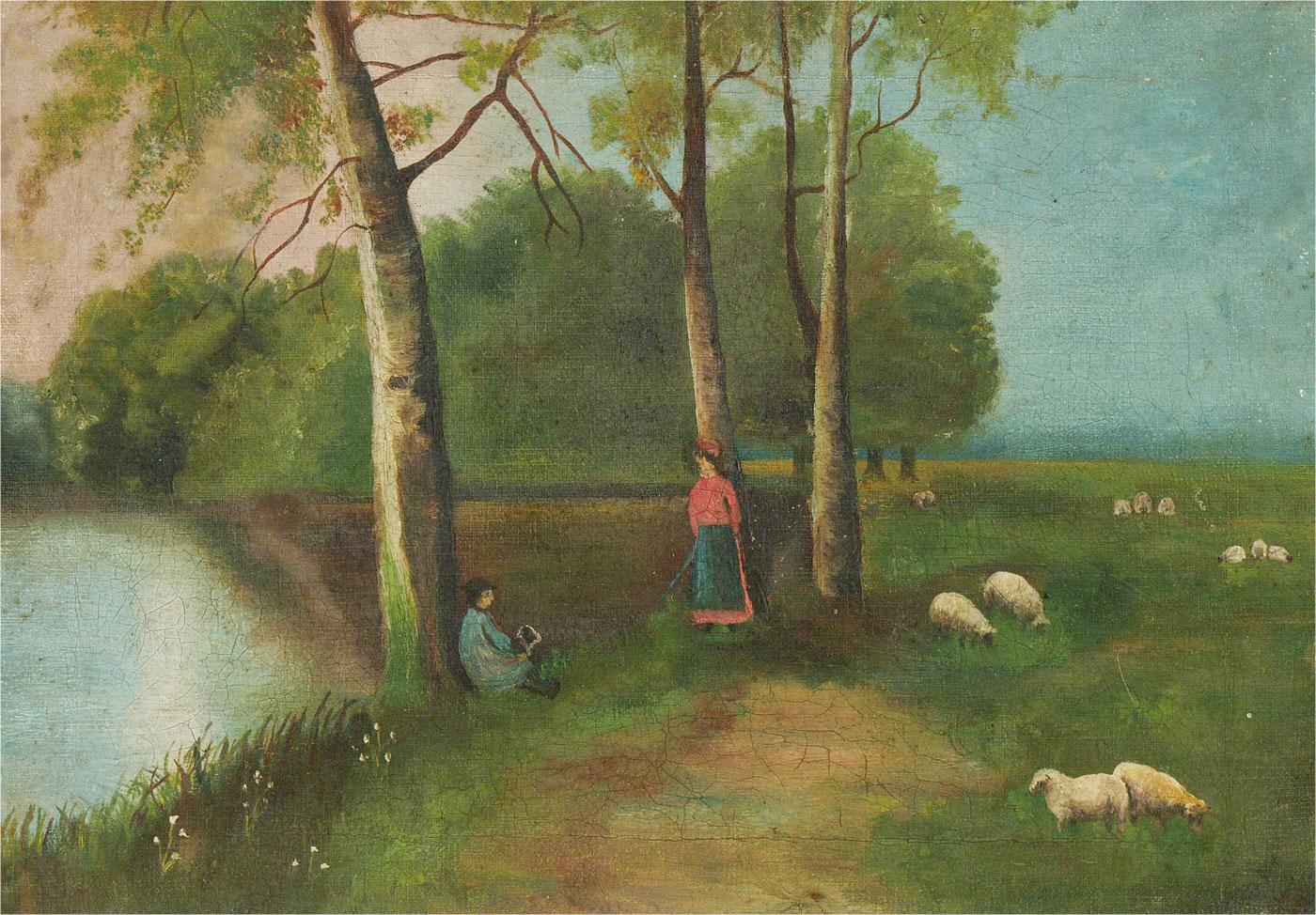 A charming early 20th Century oil landscape showing a shepherd and female companion resting under a group of trees by a river, as their flock grazes in the meadow. The artist has signed and also dated (illegibly, possibly 1905) to the lower right