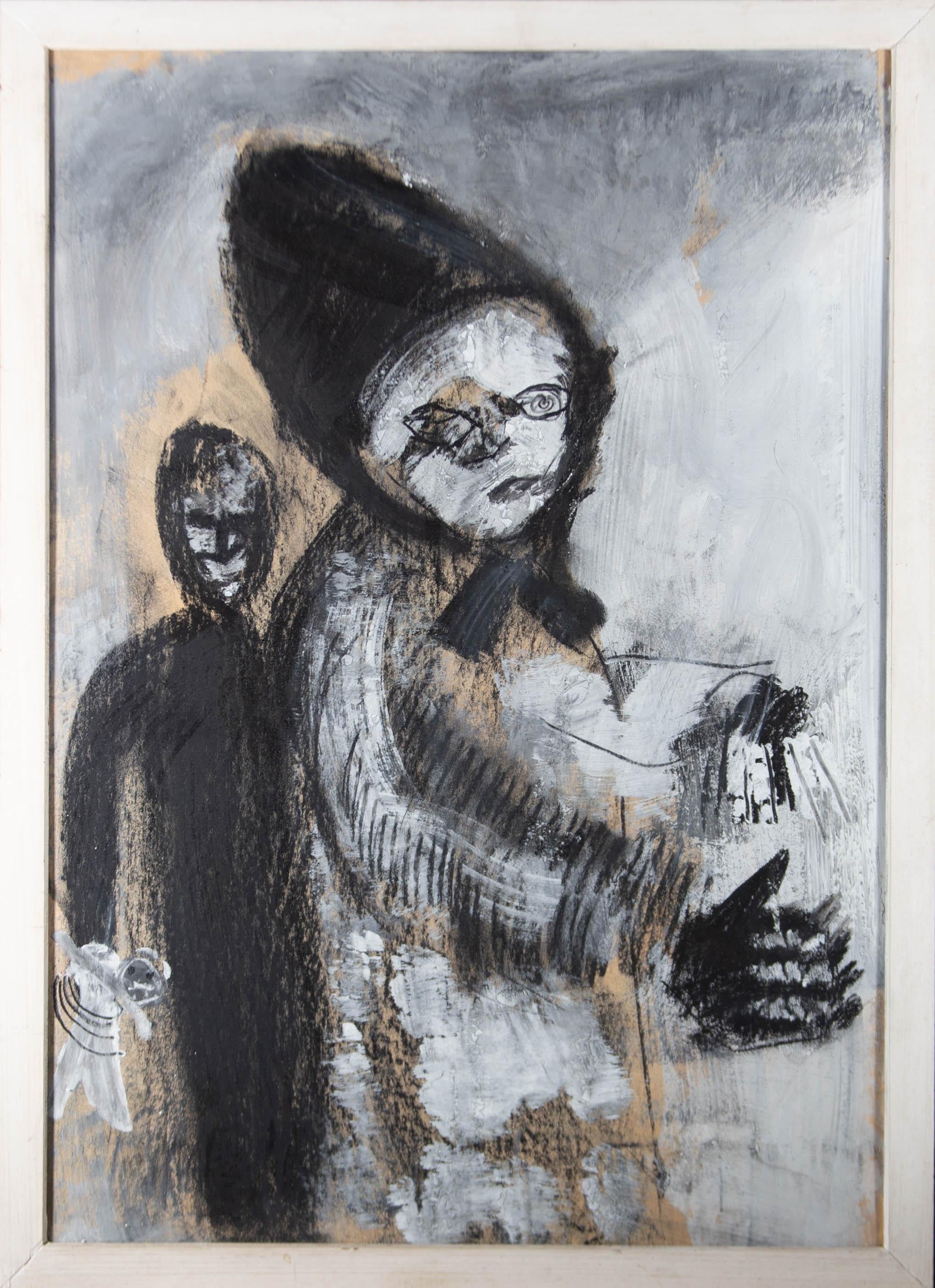 A haunting mixed media drawing in charcoal, oil and chalk. The striking image shows a wide eyed woman in a bonnet, holding an object to her chest as a shadowy figure lurks behind her, clutching a half decapitated doll in a claw like hand. The