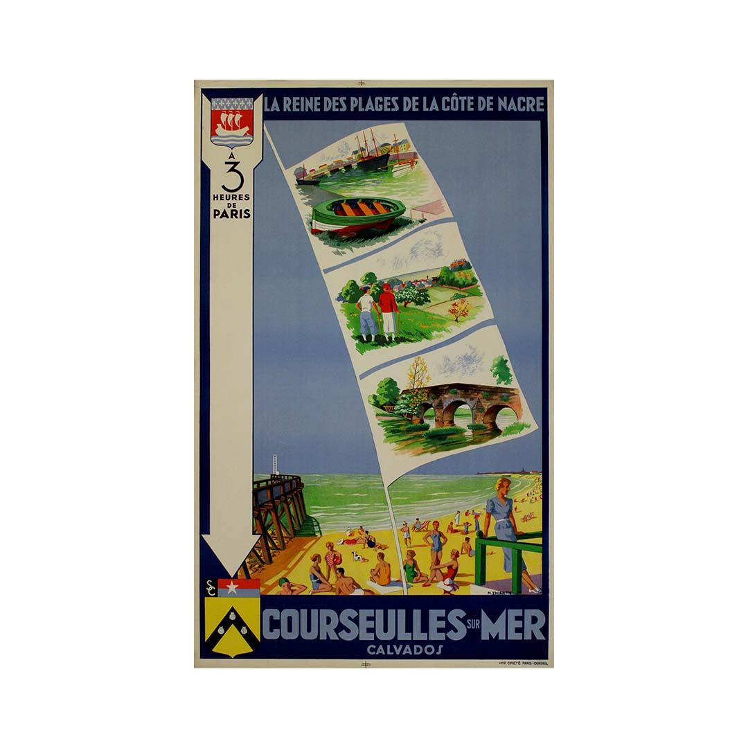 This vibrant original travel poster from the early 1930s, illustrated by M. Thierry, is a nostalgic celebration of the seaside town of Courseulles-sur-Mer, located on the Côte de Nacre in the Calvados region of Normandy. With its joyful palette and