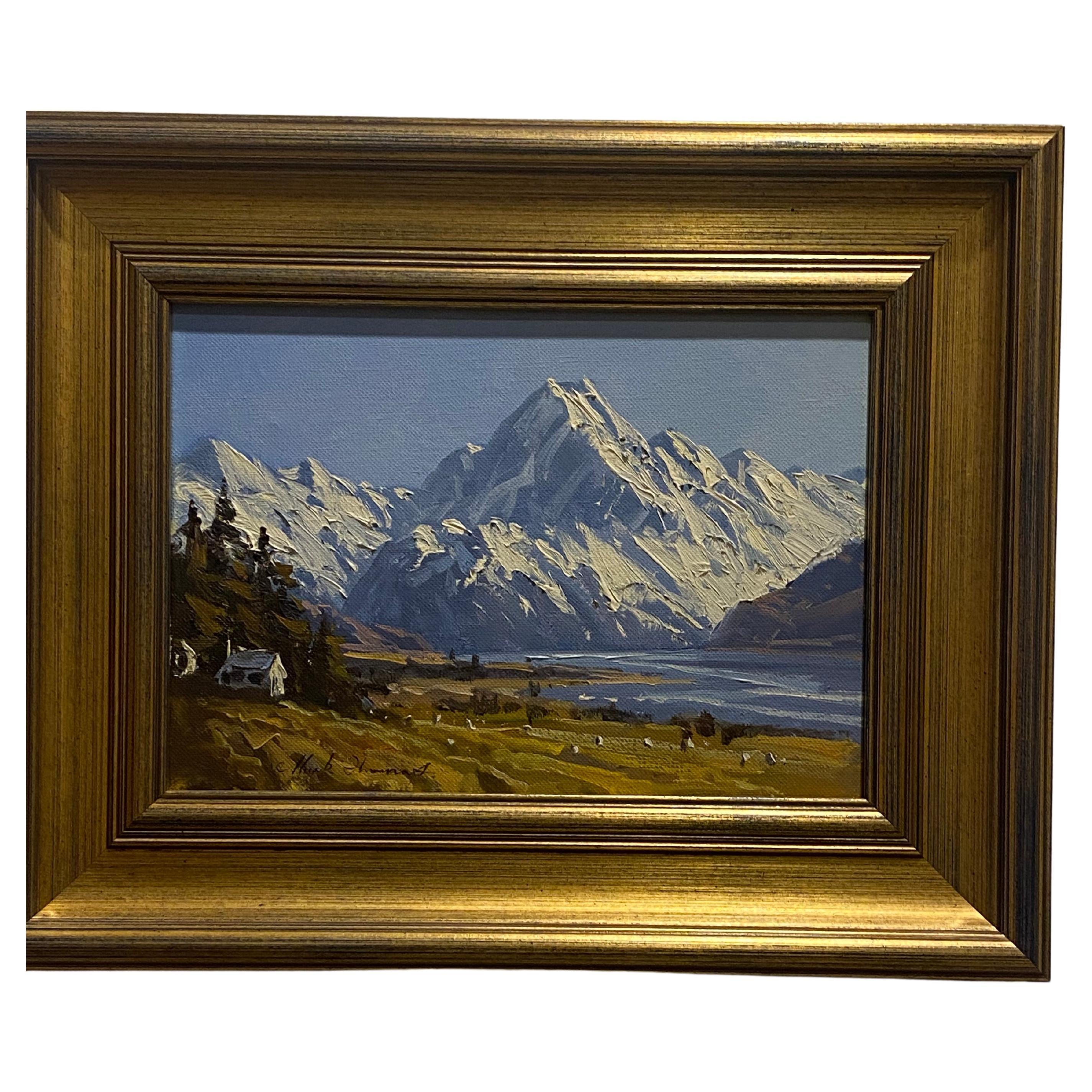 M. Thomas (New Zealand) "Lillybank Station Mt. Cook" 1986 Oil on Canvas Painting For Sale