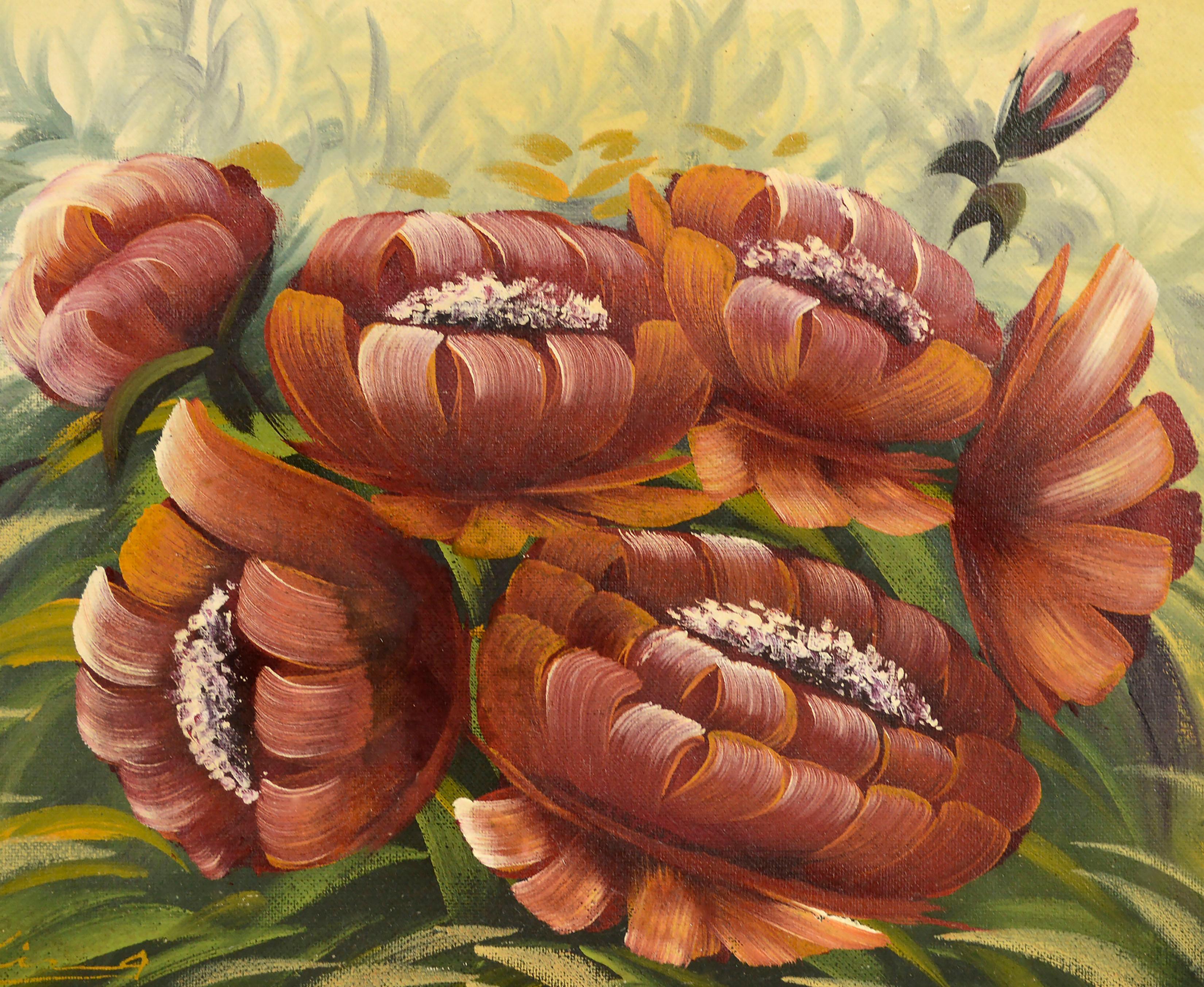 Rote Pflanzgefäße, botanisches Blumenstillleben im Vintage-Stil – Painting von M Tokira
