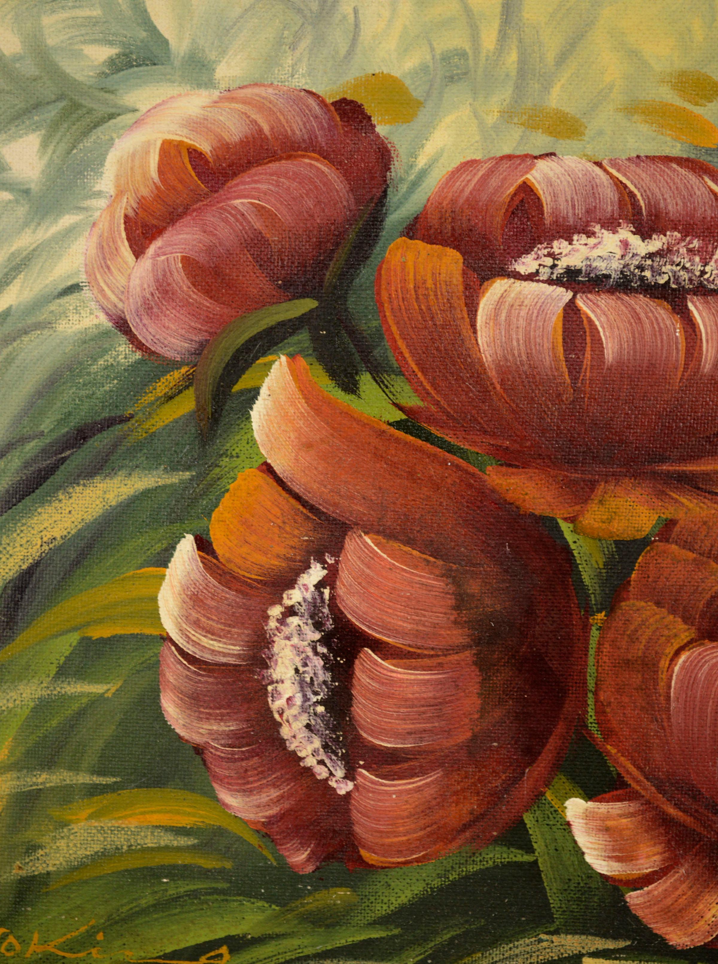 Rote Pflanzgefäße, botanisches Blumenstillleben im Vintage-Stil (Braun), Still-Life Painting, von M Tokira