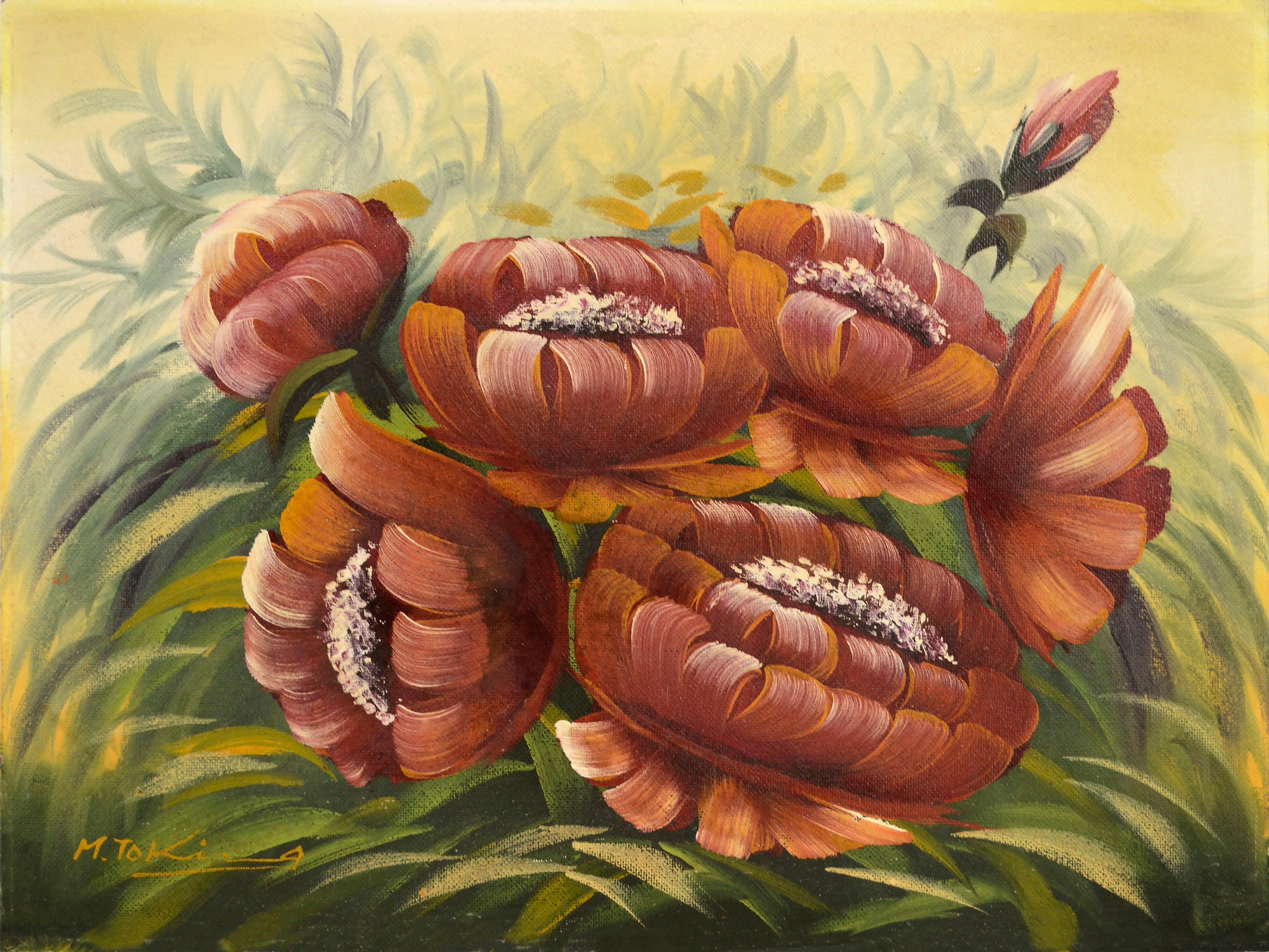 M Tokira Still-Life Painting – Rote Pflanzgefäße, botanisches Blumenstillleben im Vintage-Stil