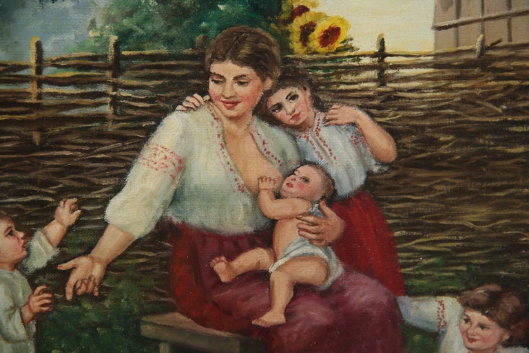 Vintage Russian Family Farm Scene Oil Painting on Canvas 1981 For Sale 1