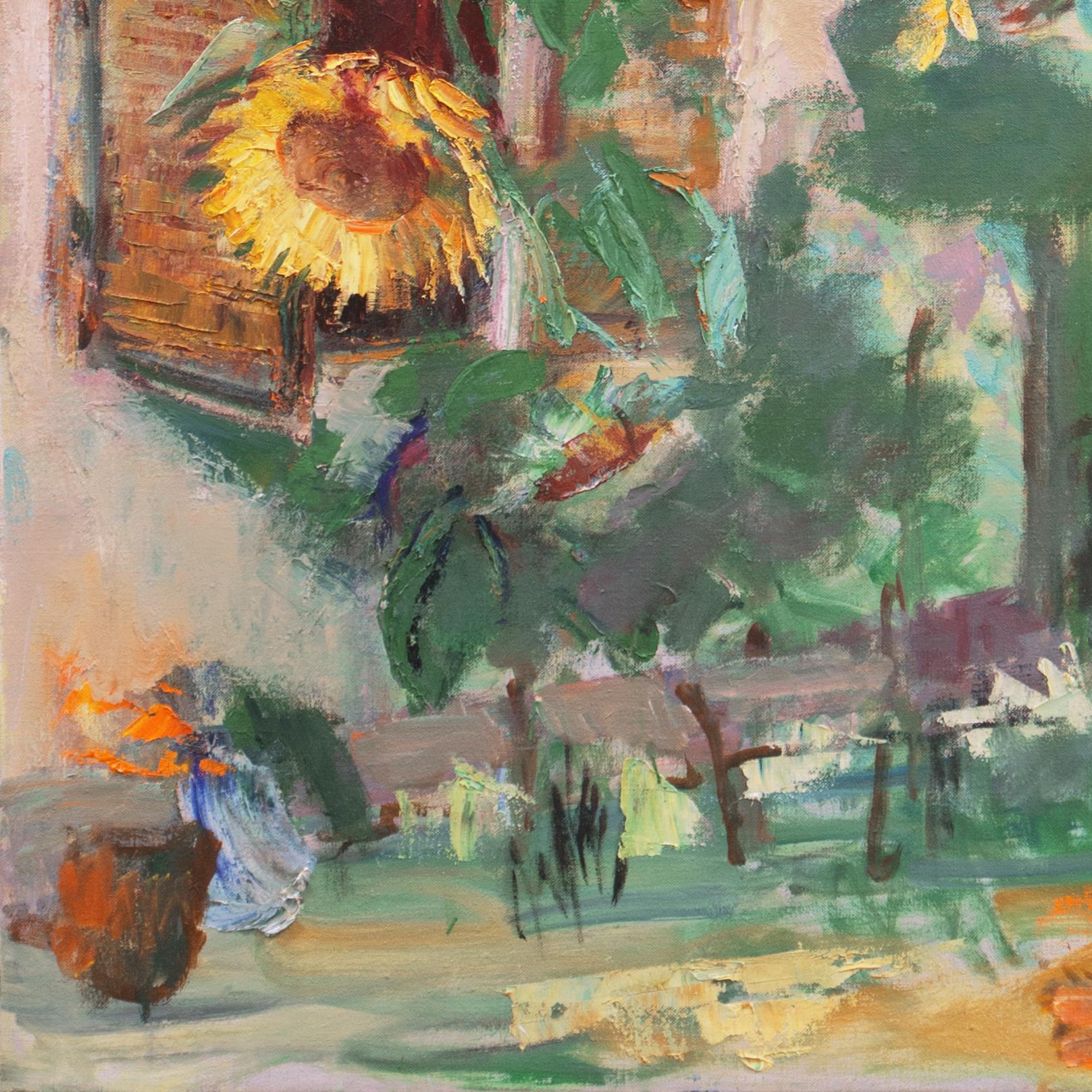 'Sunflowers in the Garden', Tuscan Villa, Tuscany - Gray Landscape Painting by M. v R.