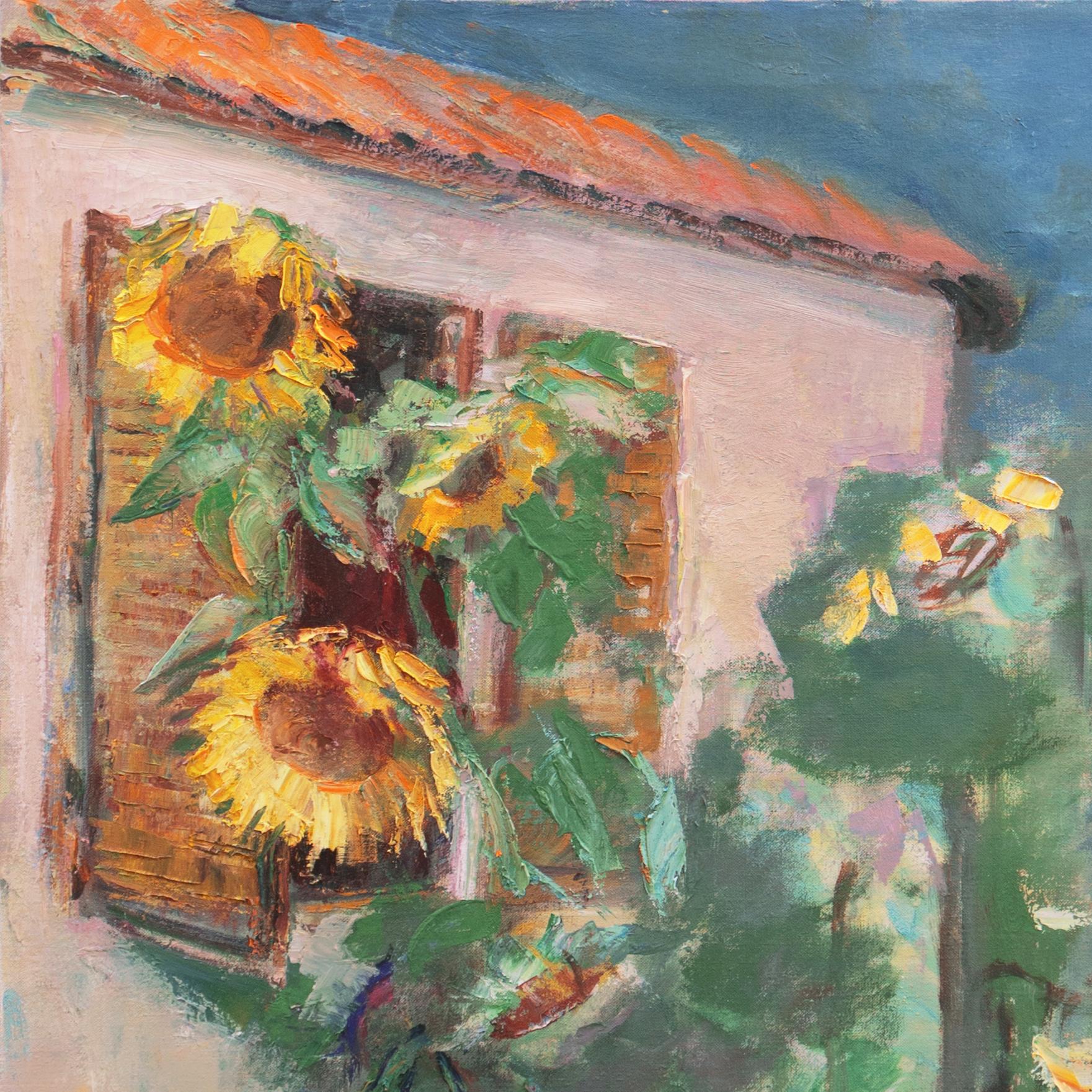 Initialed, twice, verso, on stretcher bar, 'M.v.R' (20th century) and painted circa 1975.

A bright oil painting showing a bed of vibrant sunflowers growing next to a red-tiled villa beneath a vivid blue sky.