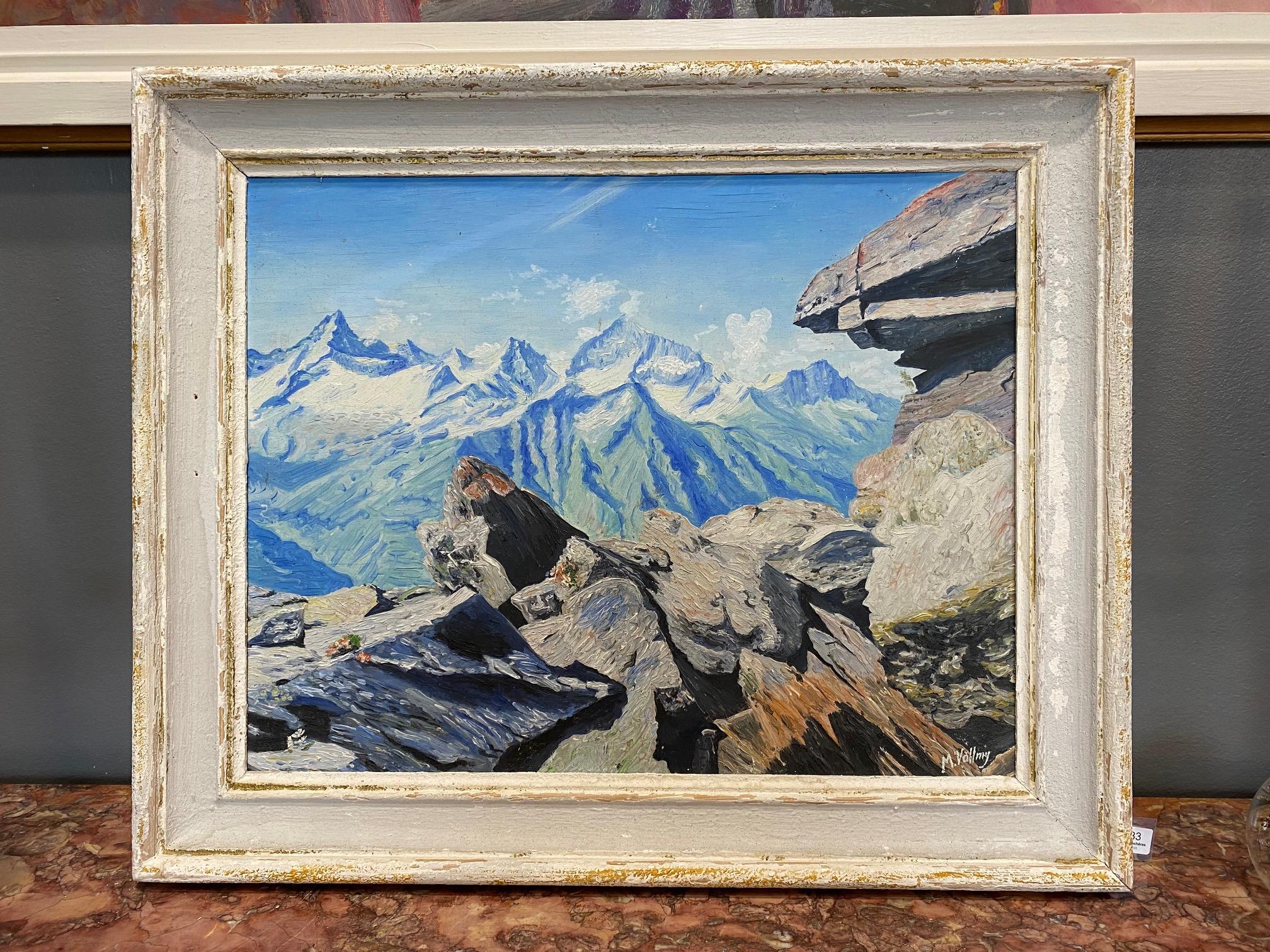 Vista de la montaña de M. Völlmy - Óleo sobre madera 40x50 cm en venta 2